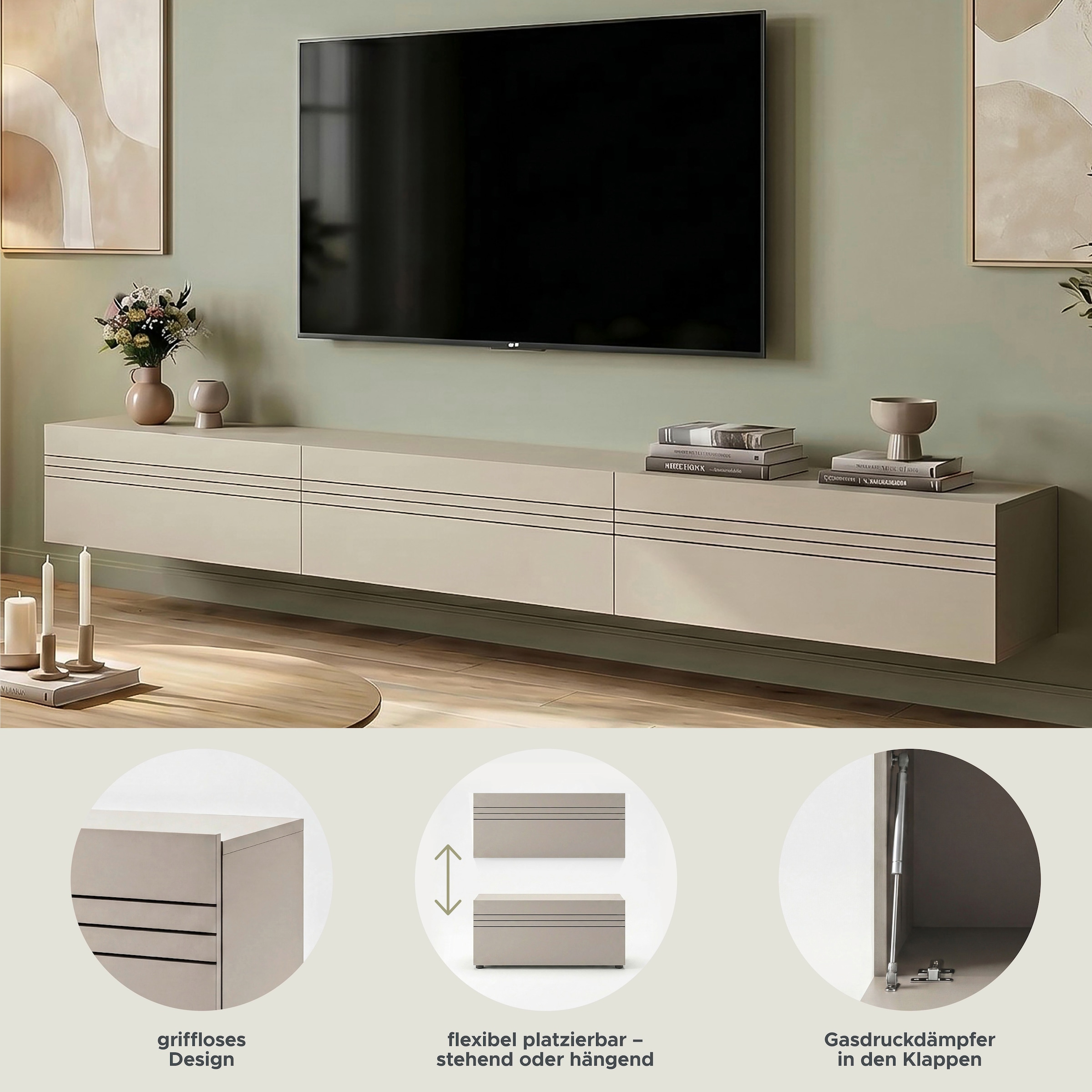 OTTO home Lowboard »SPIAGGIA, 3-teiliges Set, Breite 270cm, stehend & hängend montierbar« TV-Möbel, TV-Schrank, TV-Lowboard, Mediaboard