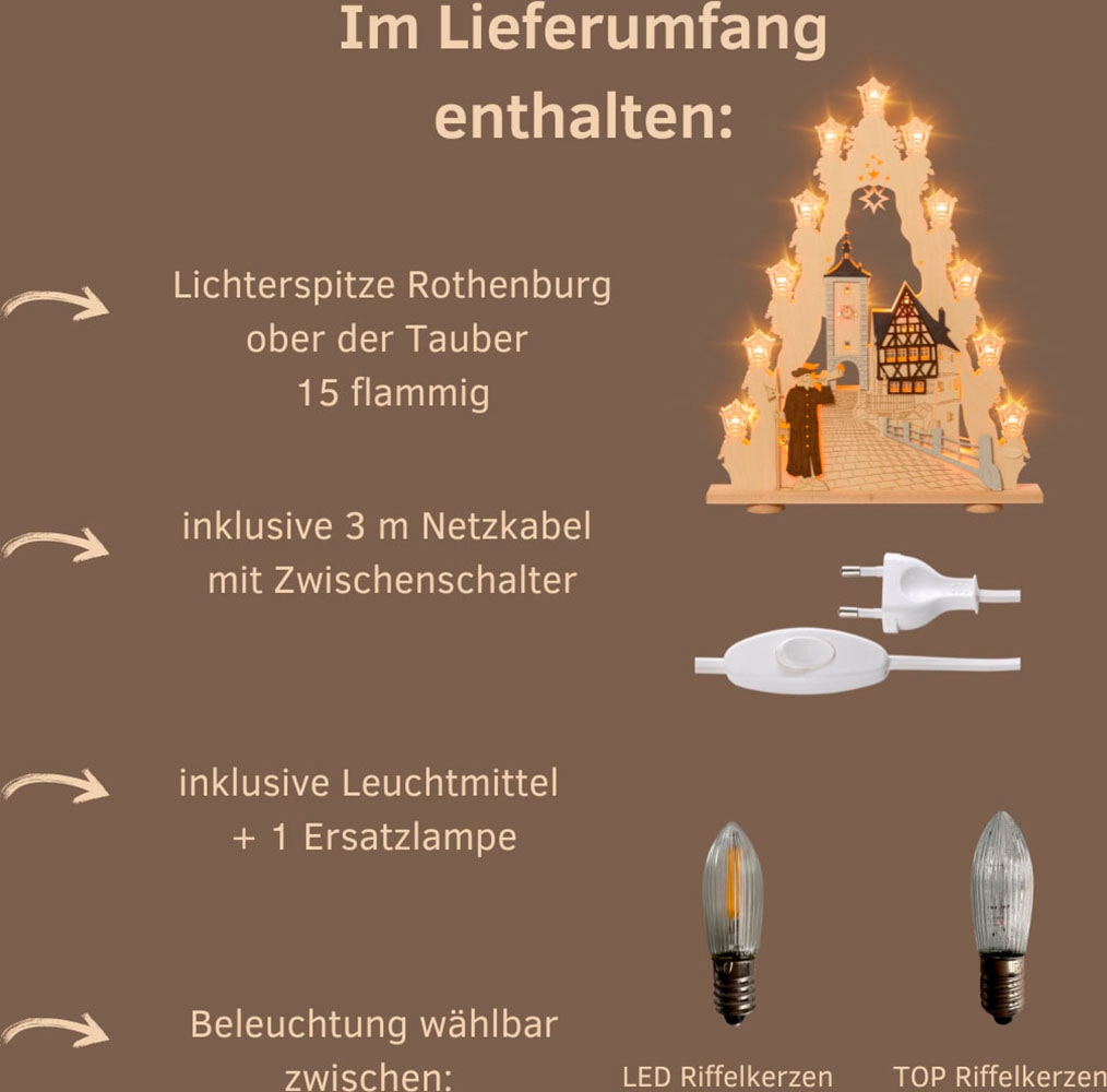 Weigla Schwibbogen »Rothenburg ob der Tauber, große Lichterspitze aus Holz, Fachwerkhaus«, Erzgebirge garantiert, Weihnachtsdeko Innen, Weihnachtsbeleuchtung
