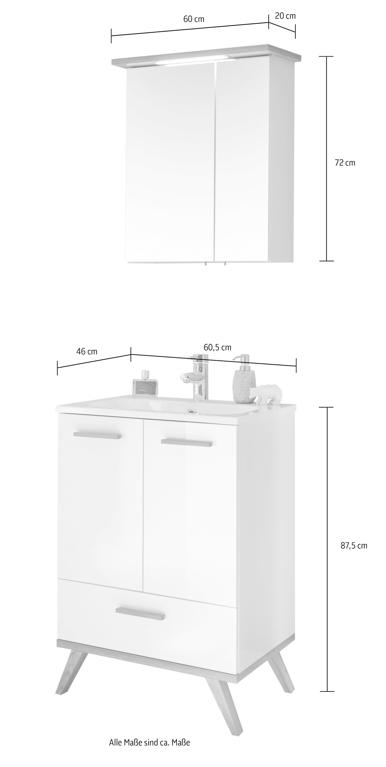 Saphir Badmöbel-Set »Quickset 2-teilig, Mineralmarmor-Waschtisch und LED-Spiegelschrank«, (2 St.), Waschplatz 61 cm breit, 4 Türen, 1 Schublade, 2 Einlegeböden, Bad-Set