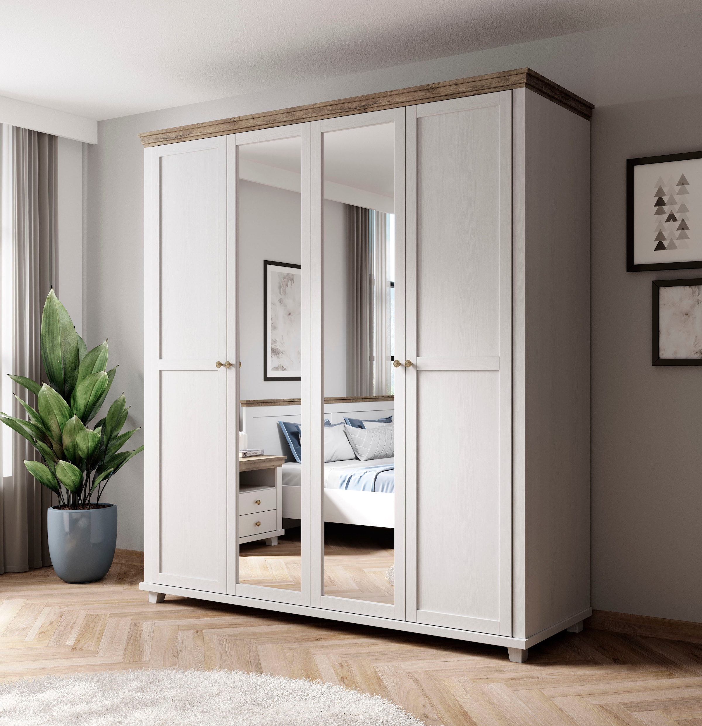 Home affaire Drehtürenschrank »Evora, Landhausschrank in 3 verschieden Größen, Türen mit Soft- Close«, Kleiderschrank mit Spiegel, aus FSC®-zertifiziertem Holzwerkstoff