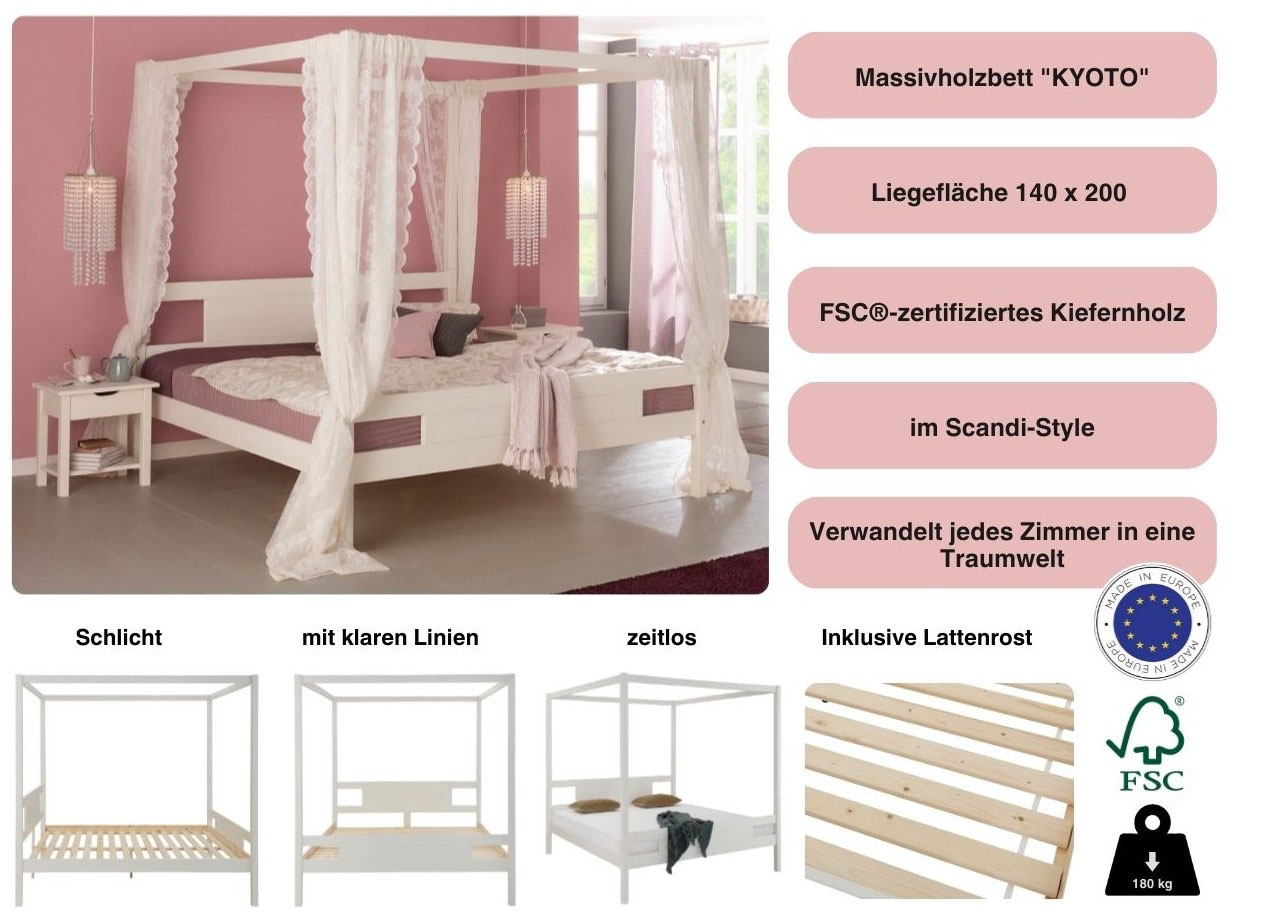 OTTO home Massivholzbett »"KYOTO" Himmelbett« hohe Belastbarkeit bis 180 kg, aus zertifiziertem Massivholz