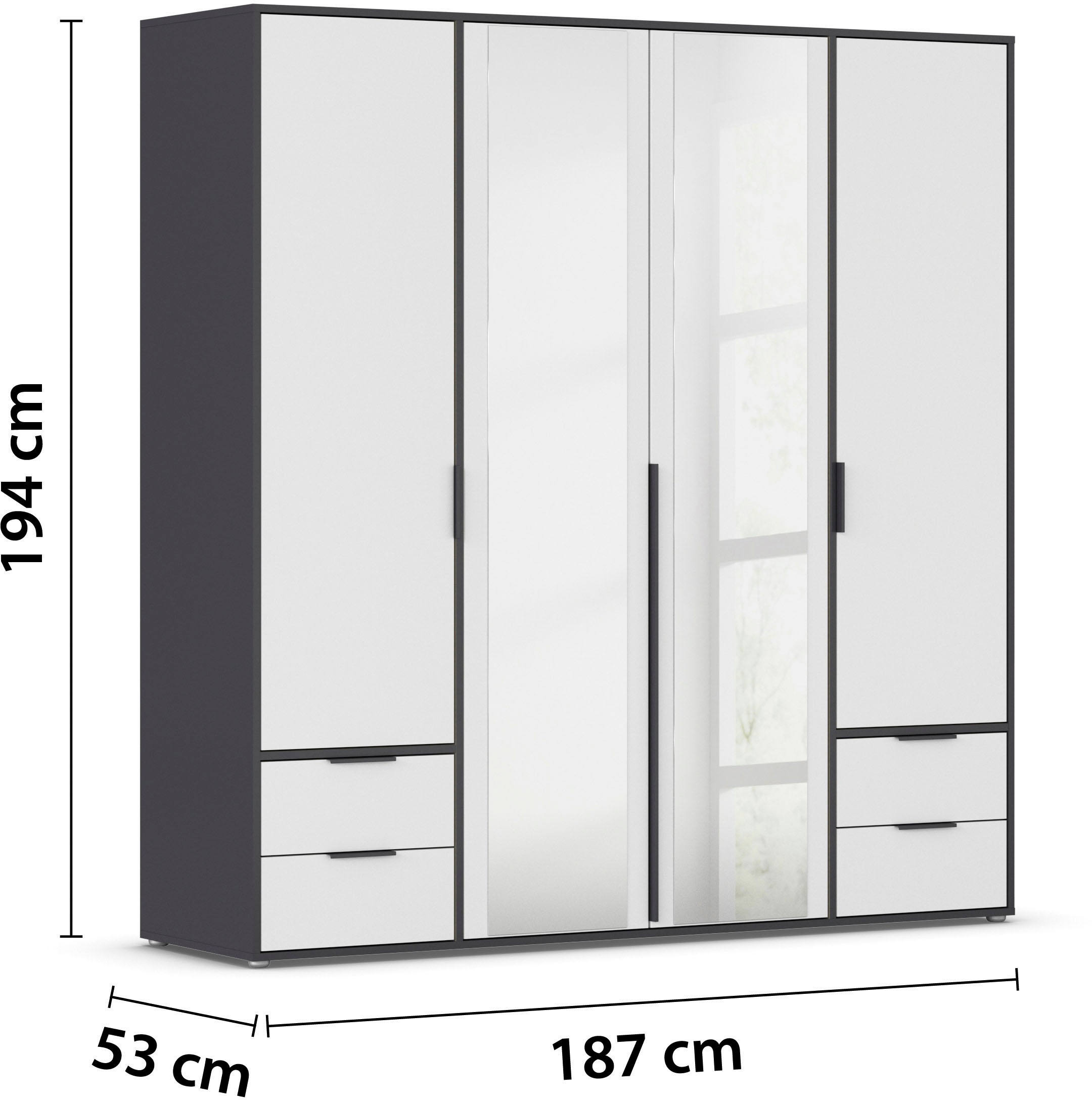 rauch Drehtürenschrank »Kleiderschrank Schrank Garderobe Wäscheschrank NAGATA mit Spiegel«, (in 3 verschiedenen Ausstattungen BASIC/CLASSIC/PREMIUM), und Schubladen sowie Stangengriffen TOPSELLER MADE IN GERMANY