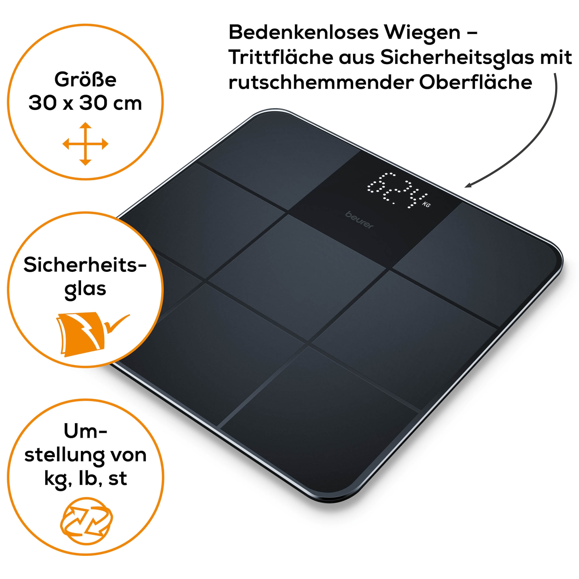 BEURER Personenwaage »GS 235 Glaswaage mit Magic-LED Display - erscheint nur bei Messung«, Elegante Oberfläche mit matter Fliesenstruktur, Tragkraft bis 180 kg