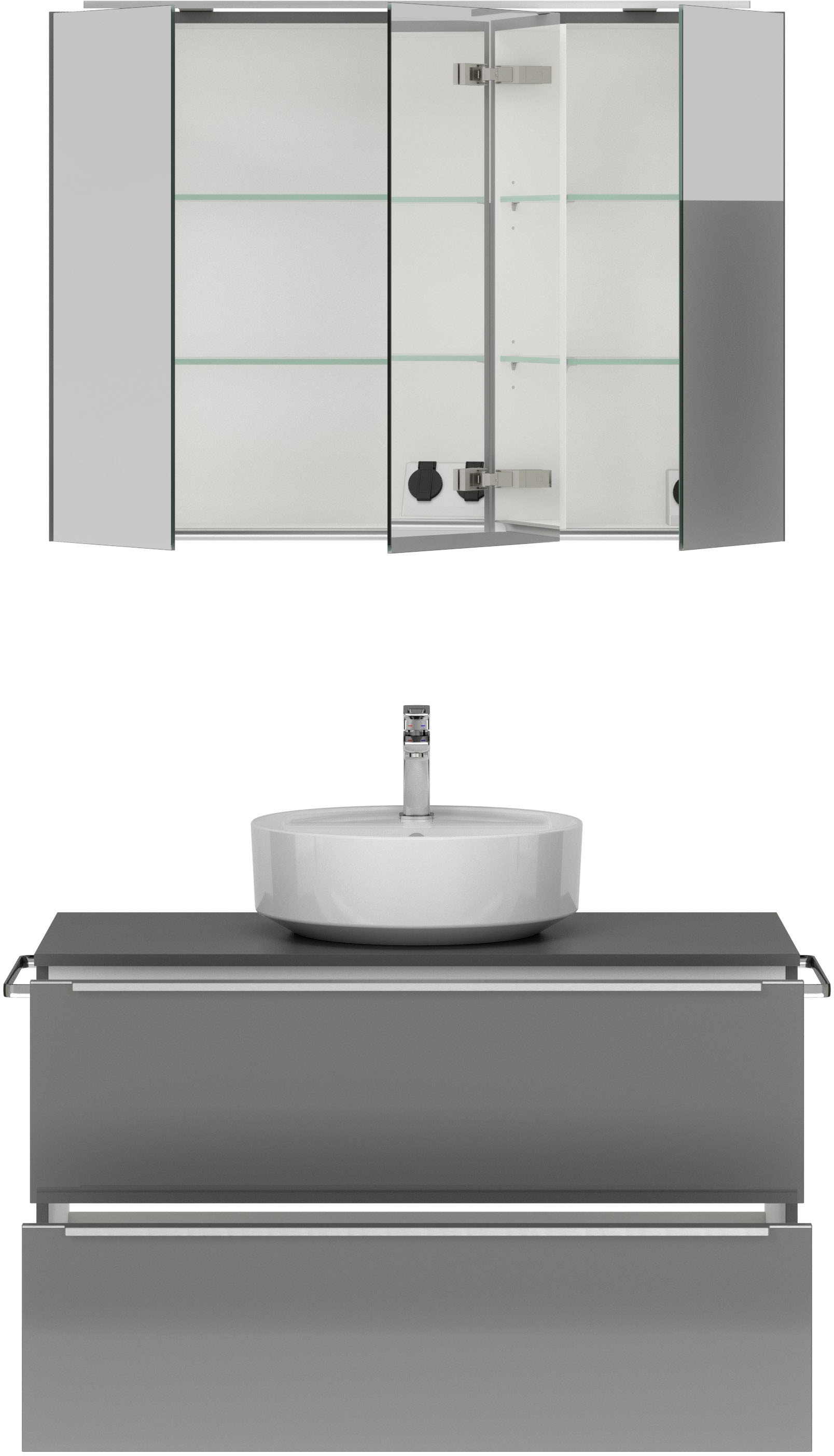 nobilia® Badmöbel-Set »Alvene«, (2 St., vormontiert, mit Soft-Close), inkl. Spiegelschrank mit Beleuchtung und Dimmerfunktion, in 4 Breiten