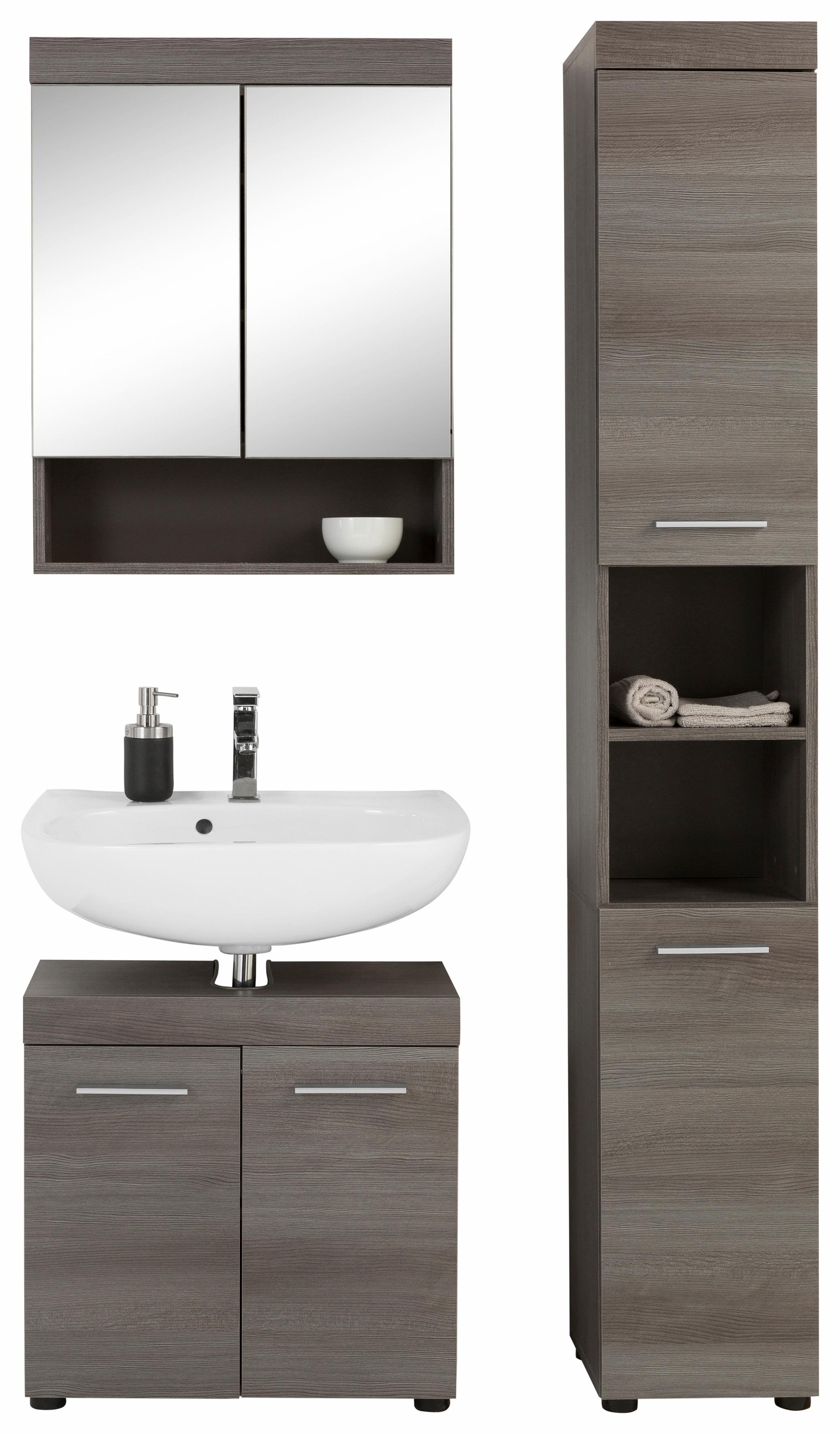 welltime Badmöbel-Set »Royan«, (Set, 3 St.), Rauchsilber Badezimmermöbel Waschtisch, Spiegelschrank und Hochschrank