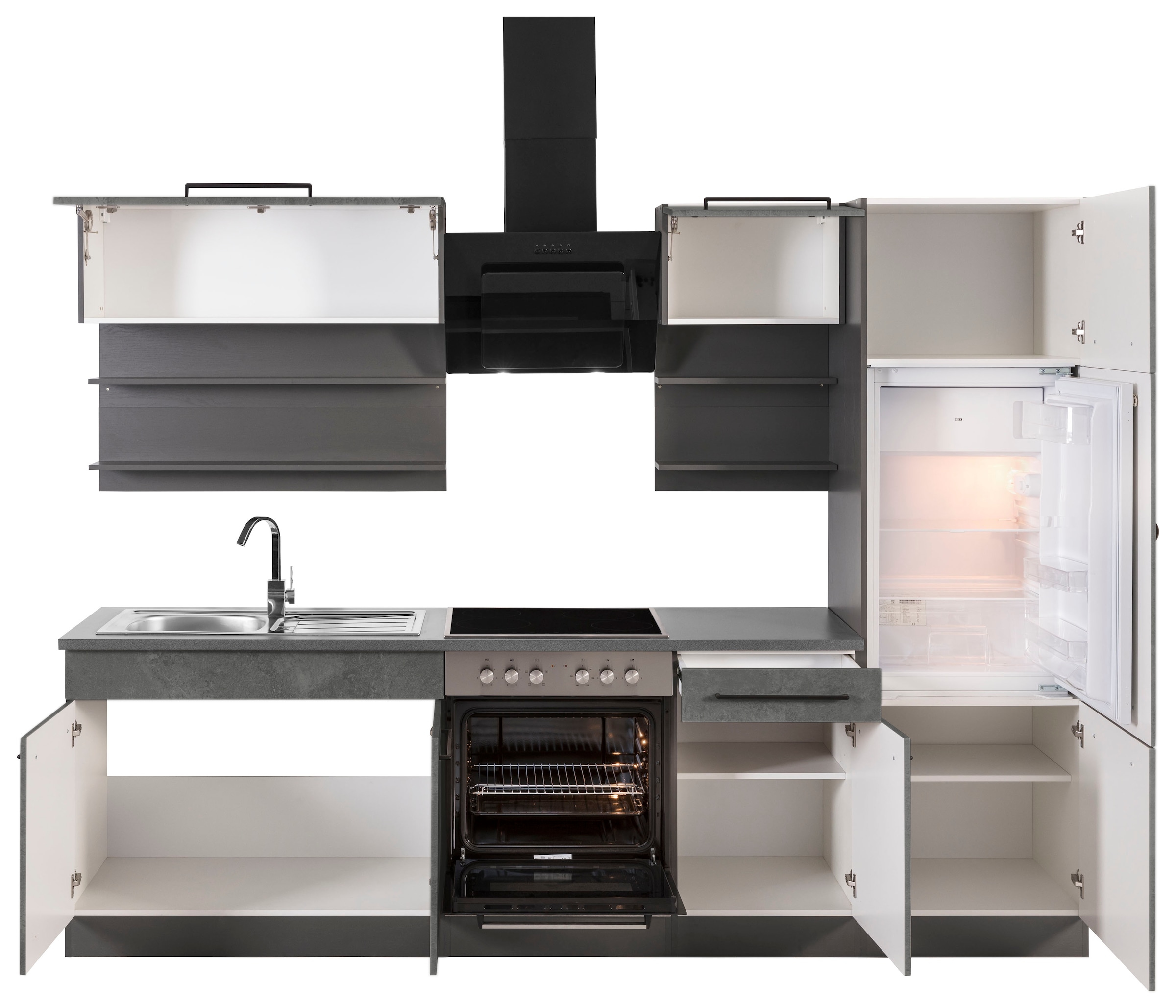 KOCHSTATION Küchenzeile »KS-Tulsa«, mit E-Geräten, Breite 270 cm, schwarze Metallgriffe, MDF Fronten