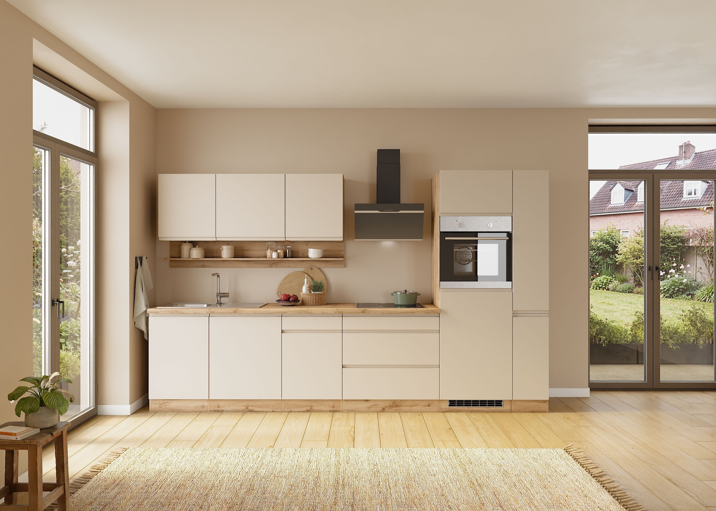 KOCHSTATION Küchenzeile »KS-Virginia,neu in verbesserter Ausführung« Arbeitsplatte 38 mm stark, Stauraum, Softclose,  Breite 330 cm, Soft-Close, ohne E-Geräte