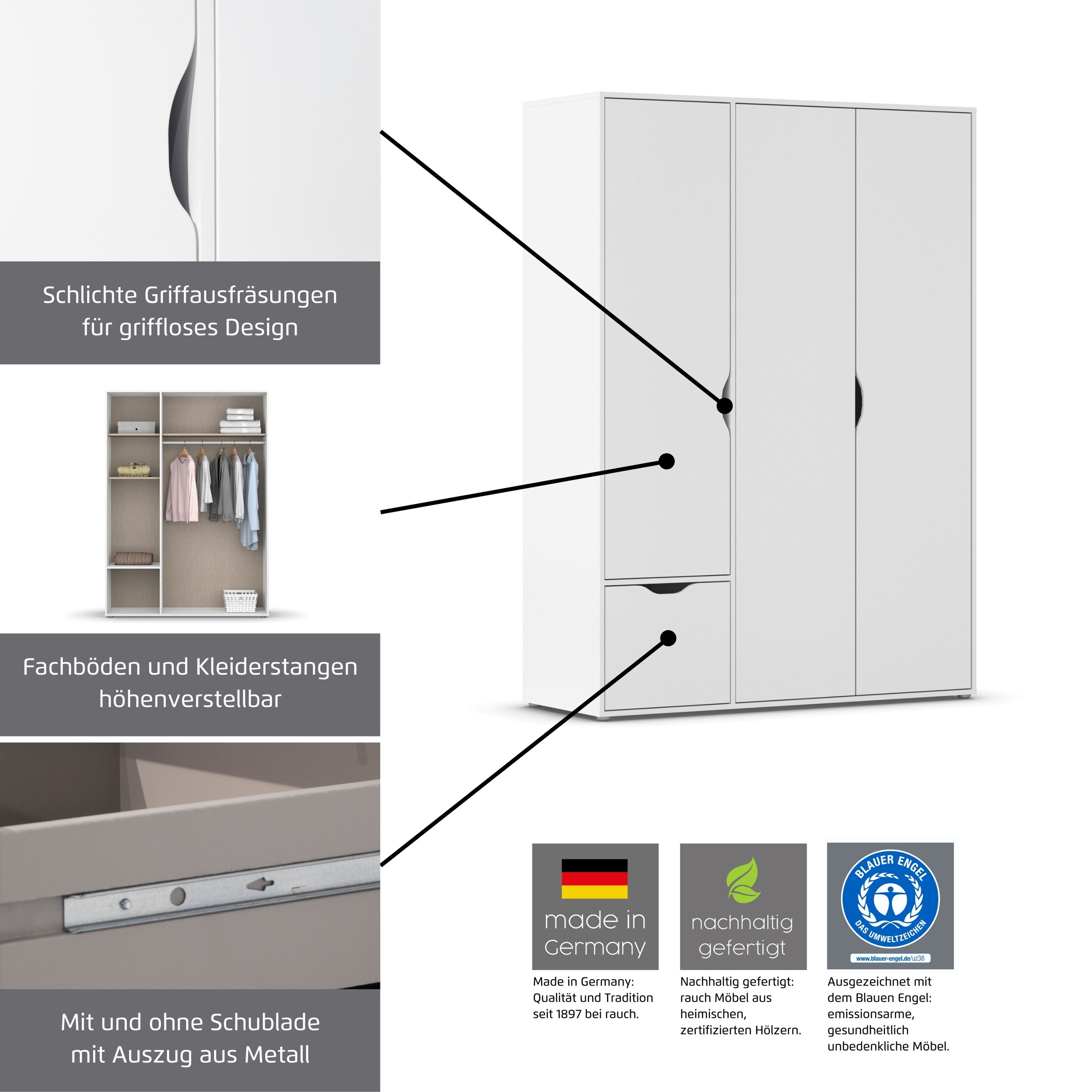 rauch Drehtürenschrank »Kleiderschrank Schrank Garderobe Wäscheschrank NARAI mit Schubladen«, (in 3 verschiedenen Ausstattungen BASIC/CLASSIC/PREMIUM), Griffausfräsungen für eine grifflose Optik TOPSELLER MADE IN GERMANY