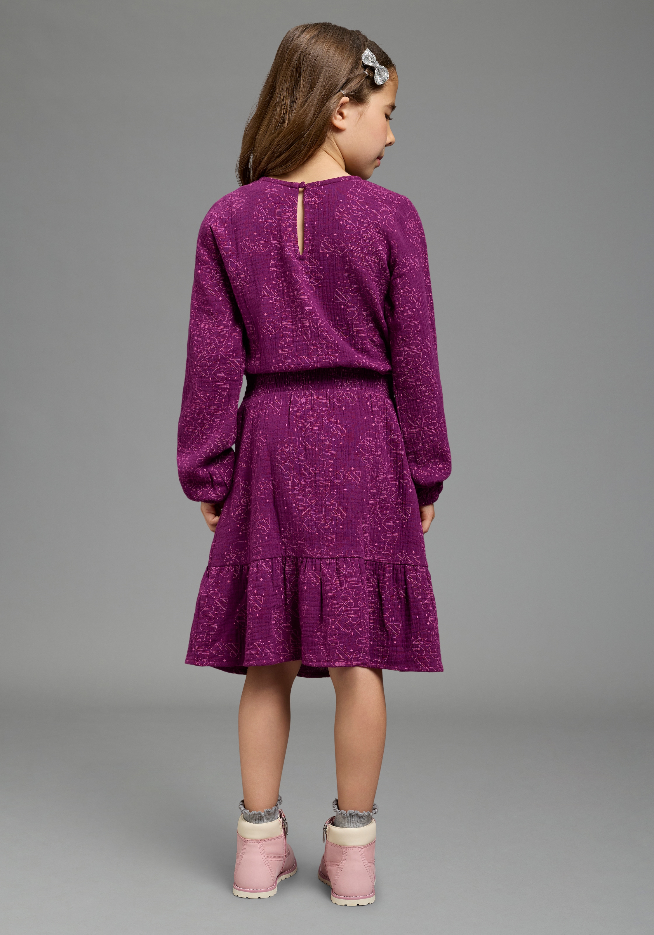 Scout Hemdblusenkleid »Musselin Kleid mit allover-Herzenmuster - NEU von SCOUT« Ohne Tasche für Mädchen, knielang, mit Volant am Saum, mit gesmokter Taille