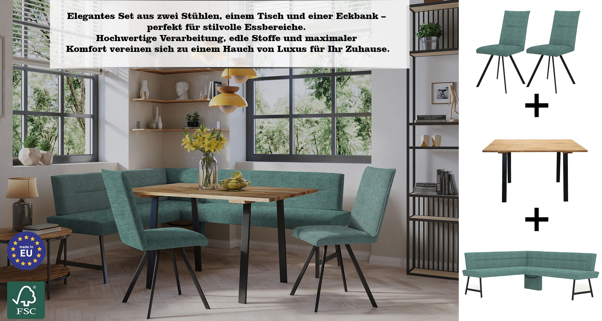 OTTO home Eckbankgruppe »Sava« Set, 4 Stk. tlg. Eckbank mit Wellenfederung im Sitz, Tisch Massiv Eiche