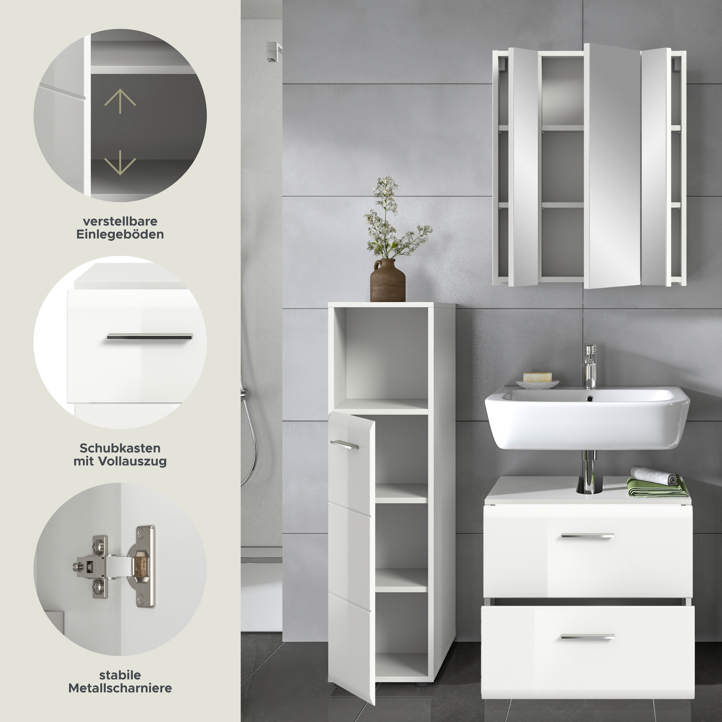 INOSIGN Badmöbel-Set »FLORENZ, TOPSELLER!, 3-teilige Badkombination, hochwertige MDF-Front«, (best. aus: Midischrank hoch, Waschbeckenunterschrank, Spiegelschrank), Bad-Kombination, Bad-Möbel, Badezimmer, Kombination, Kombi