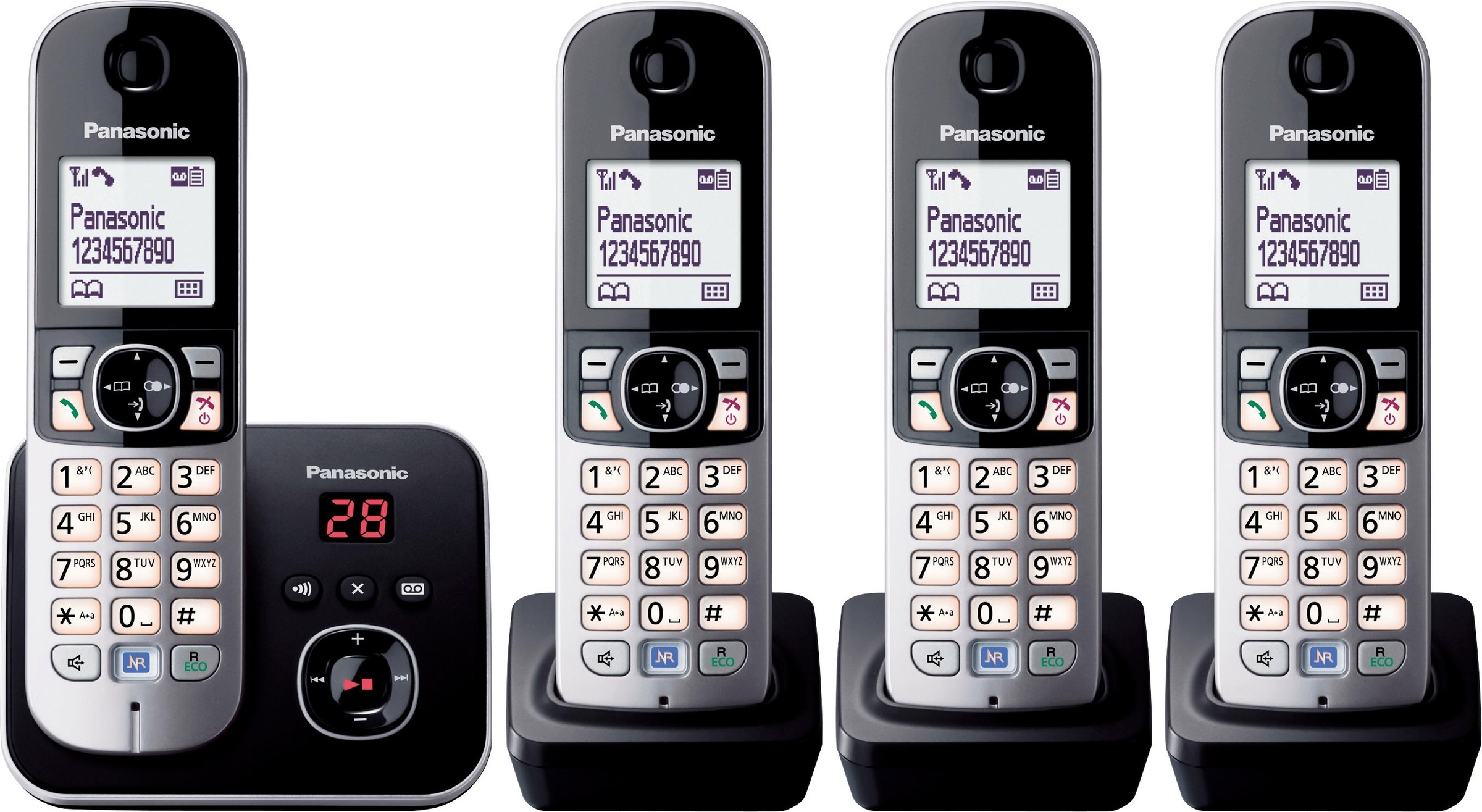 PANASONIC Schnurloses DECT-Telefon »KX-TG6824GB« (Mobilteile: 4 ) Nachtmodis, Freisprechen, Anrufbeantworter schwarz mit 4 Mobilteilen, Anrufer-...