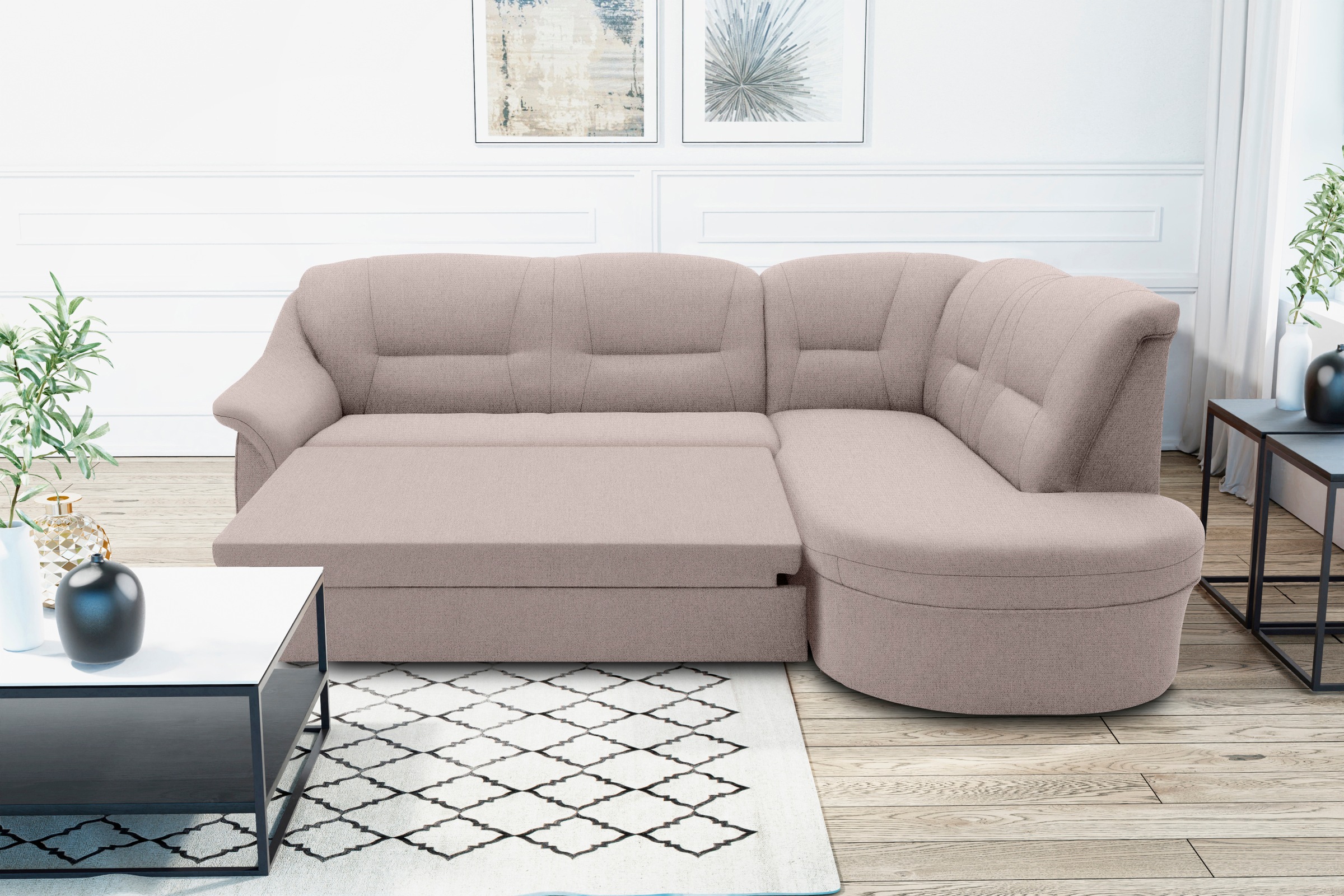 DOMO collection Ecksofa »Faenza für kleine Räume, Stellmaße 232,176cm, komfortabel, L-Form«, mit Ottomane, zeitlos, elegante Armlehnen, wahlweise mit Bettfunktion