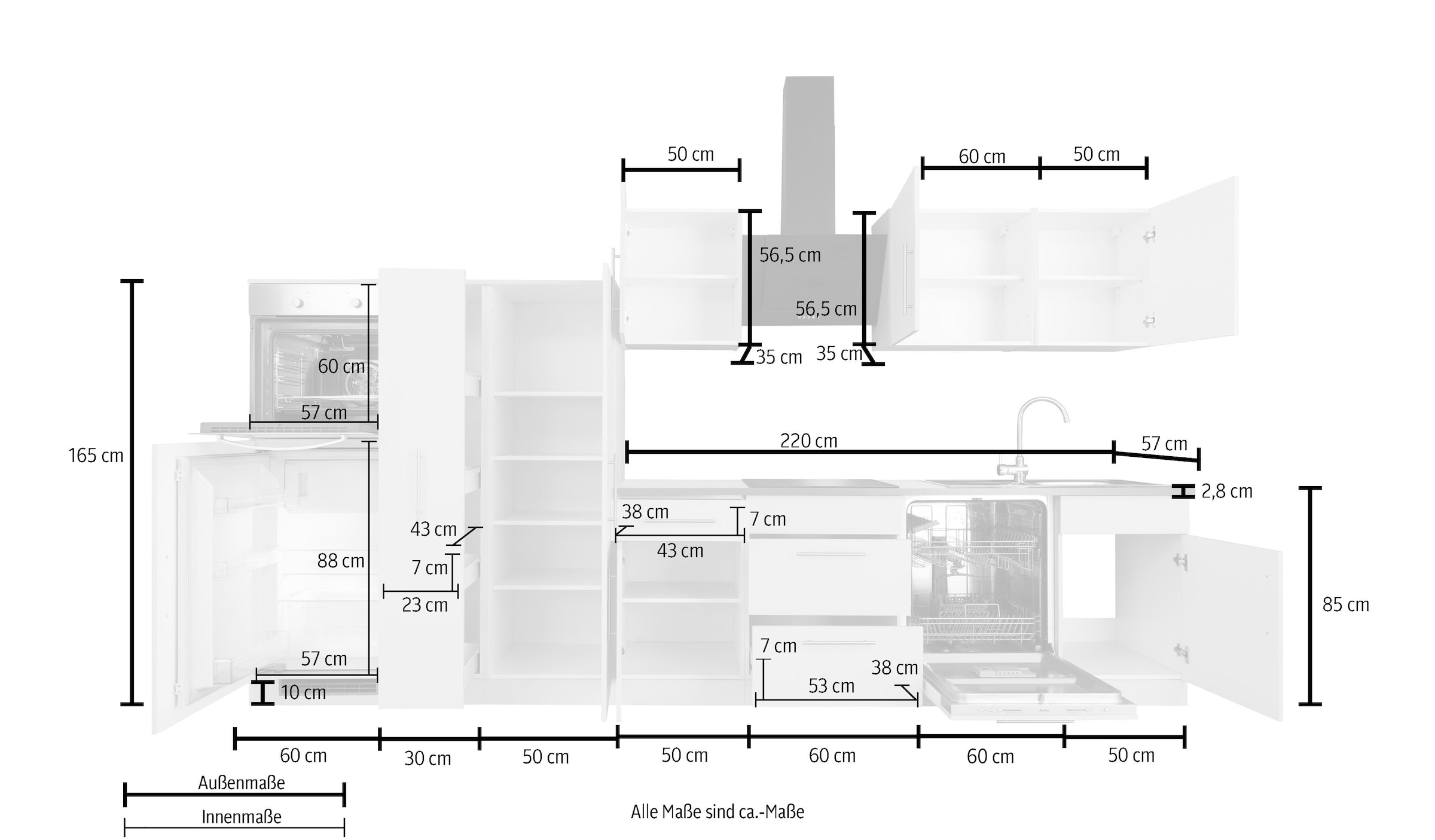 Küchen auf Breite wiho 360 cm Küchenzeile »Cali«, ohne E-Geräte, kaufen Rechnung