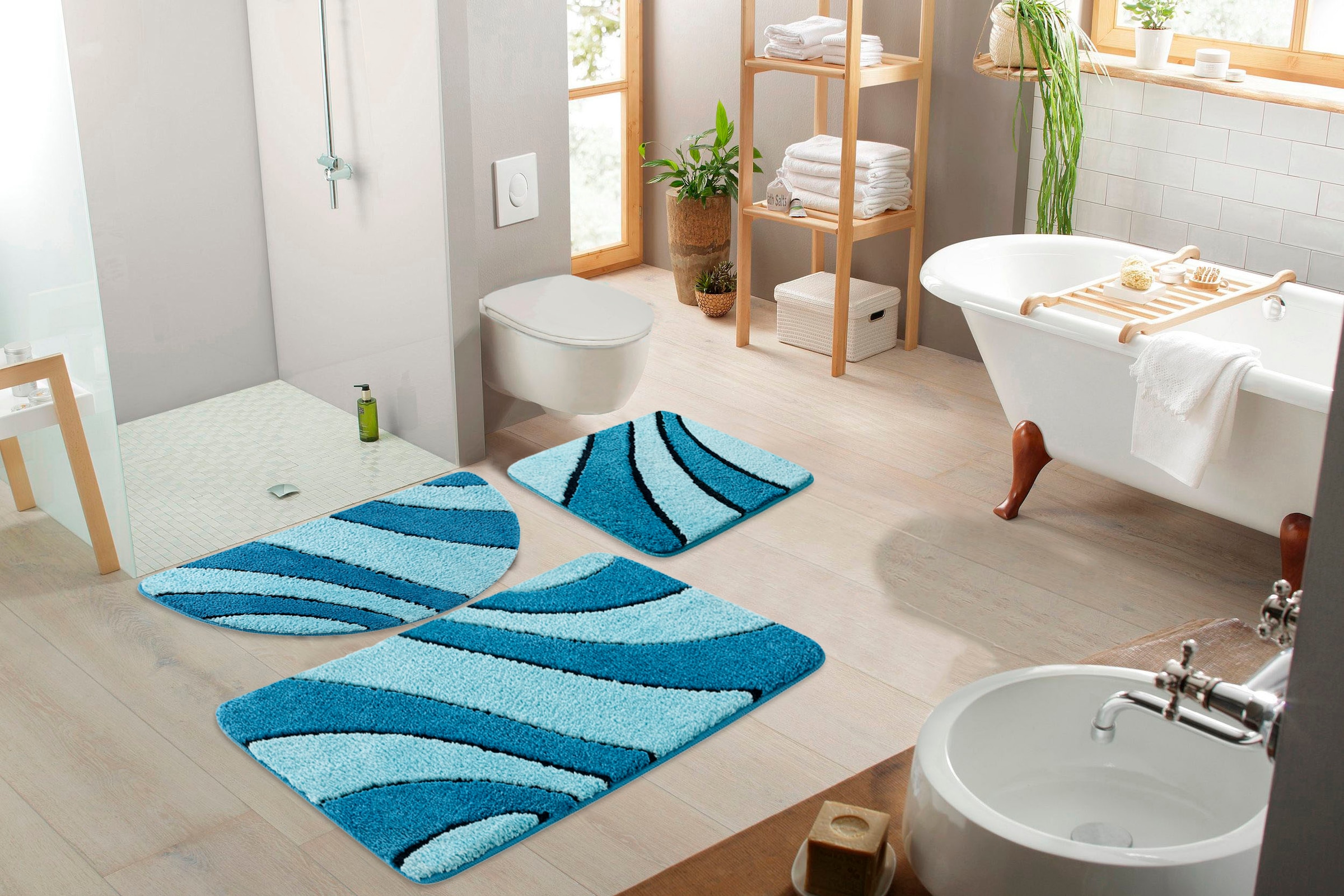 my home Badematte »Anna, Badvorleger, Badezimmer Teppich«, rutschhemmend beschichtet, fußbodenheizungsgeeignet-schnell trocknend, Badteppich, Hoch Tief Effekt, Modern, Weich, Wellen