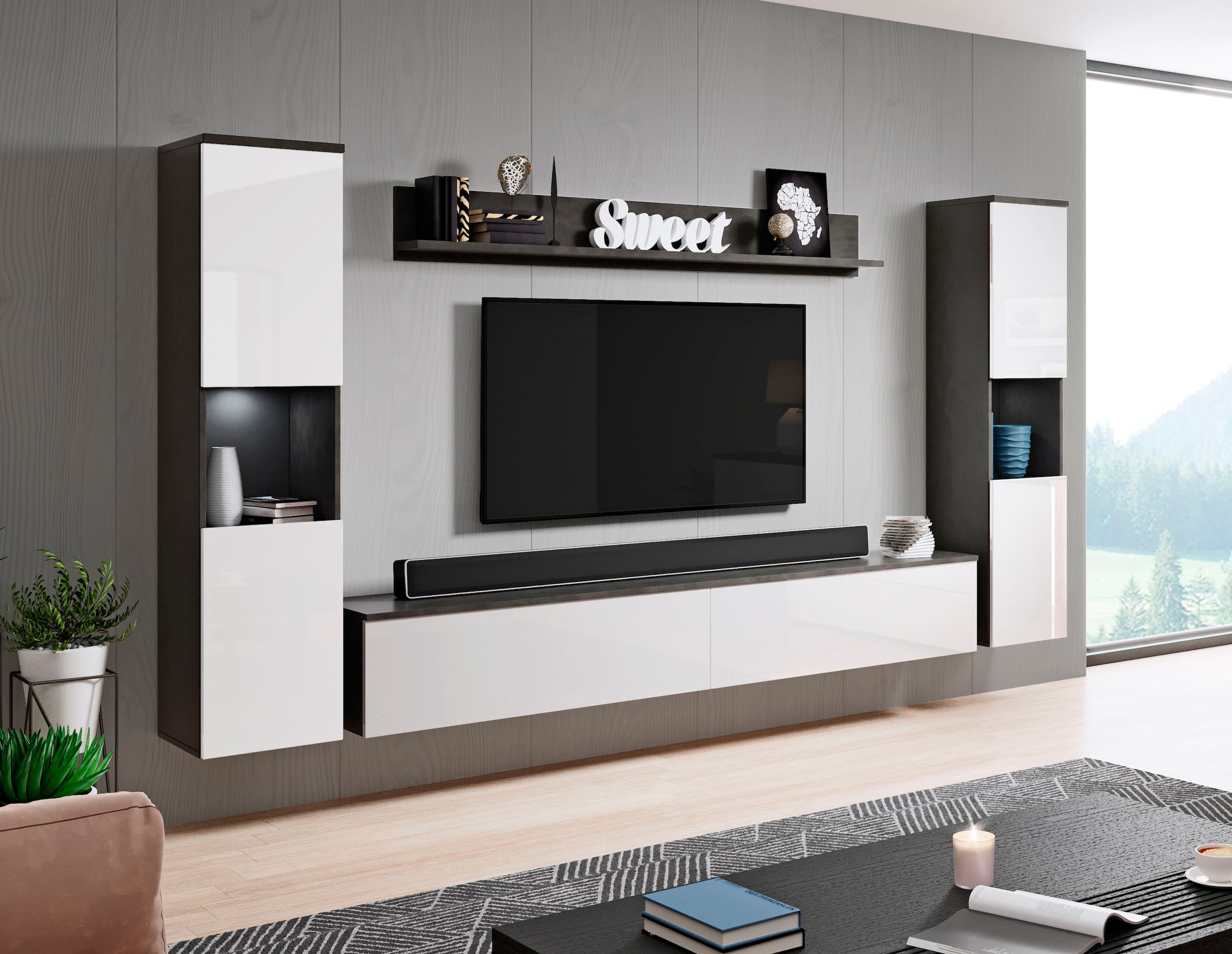 INOSIGN Wohnwand »PARIS, Vitrine Türanschlag links/rechts wechselbar«, (Komplett-Set, 4 St.), grifflose Design, stehend und hängend montierbar