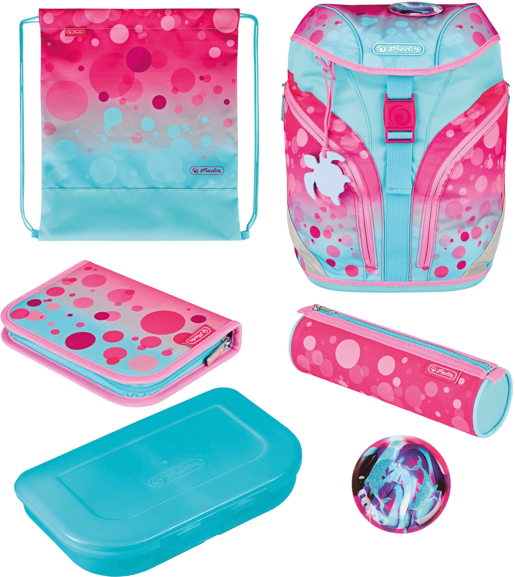 Herlitz Schulrucksack »SoftLight Plus GREENline, Pink Bubbles«, Reflektoren-Floureszierende Flächen, mit abnehmbarer Applikation und Filzanhänger