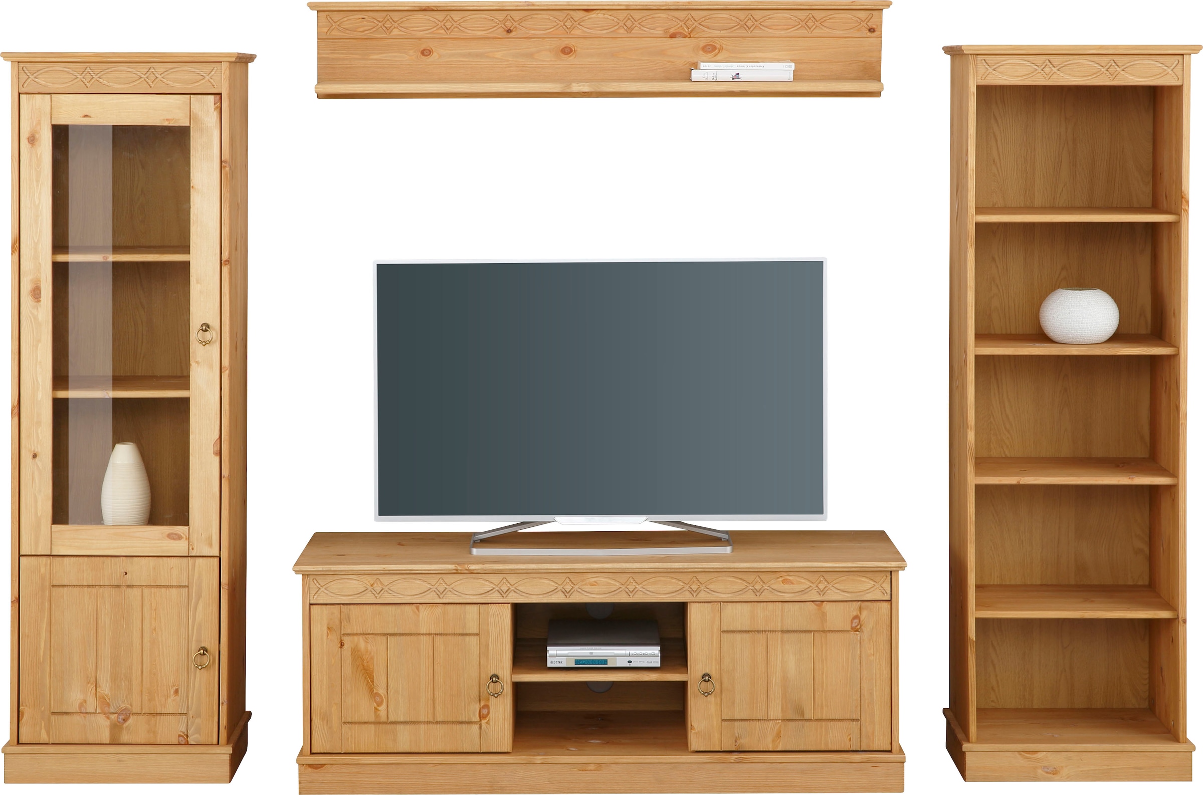 Home affaire Wohnwand »Indra«, (Set, 4 St.), 4-teiliges Set: Vitrine, Lowboard, Wand- & Standregal, Kiefer massiv