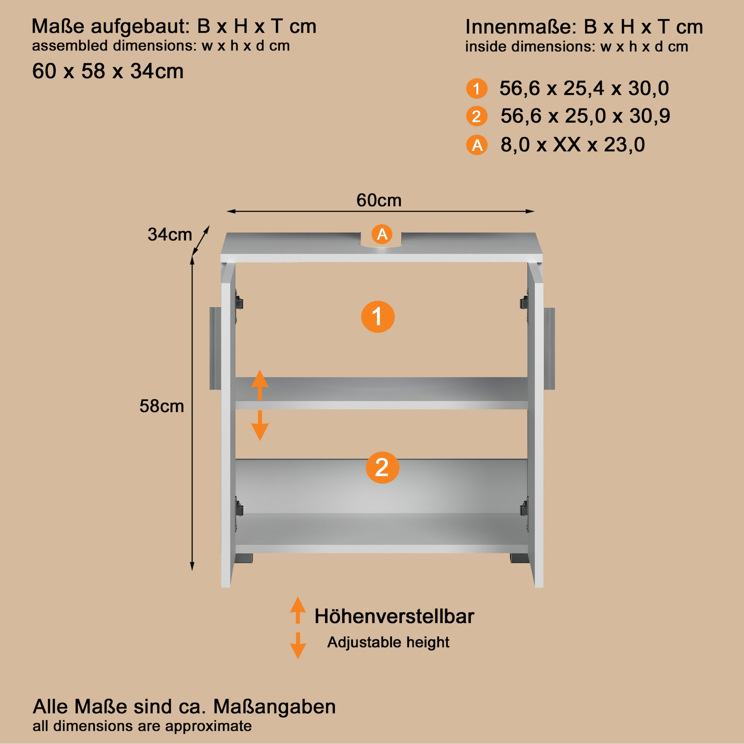 welltime Waschbeckenunterschrank »Prag«, (1 St.), Waschbeckenunterschrank mit 2 Türen - (B/T/H) 60/34/58 cm