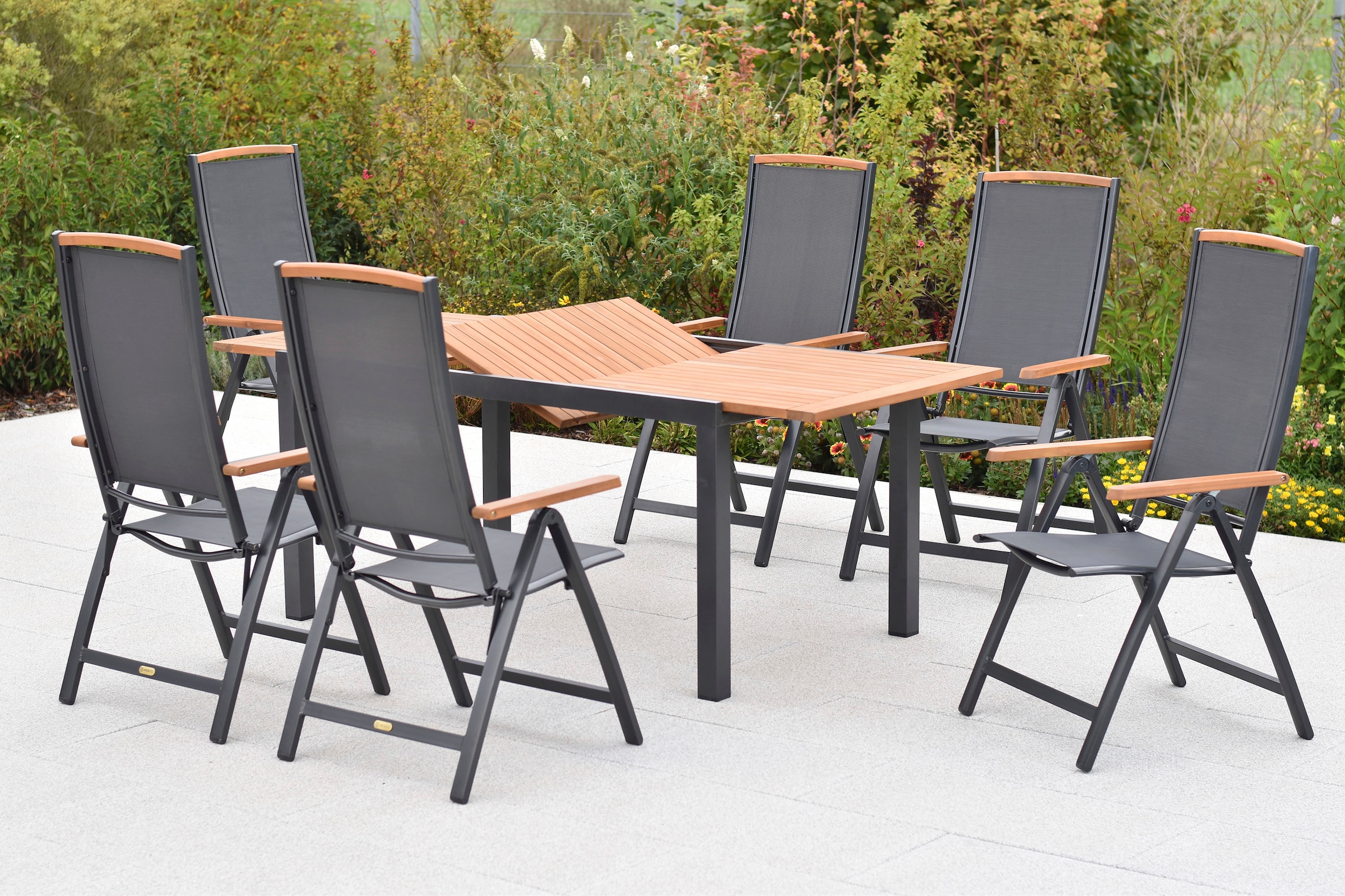 MERXX Garten-Essgruppe »Siena« Set, 7 tlg. inkl. 6 Klappsessel, 6 Auflagen, 1 Ausziehtisch