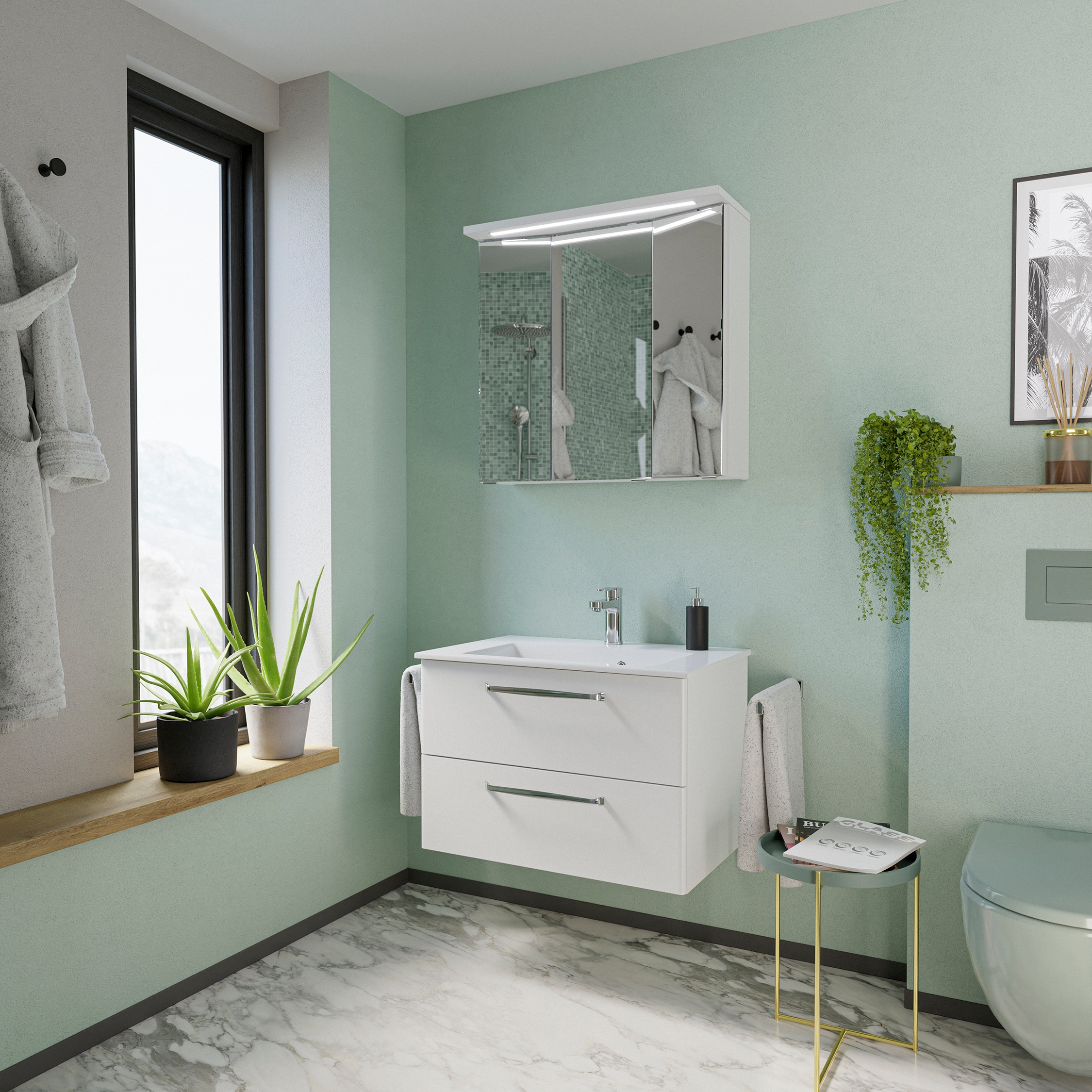 Saphir Badmöbel-Set »Trentino 2-teilig Mineralmarmor-Waschtisch mit LED-Spiegelschrank« 3 Stk. tlg.