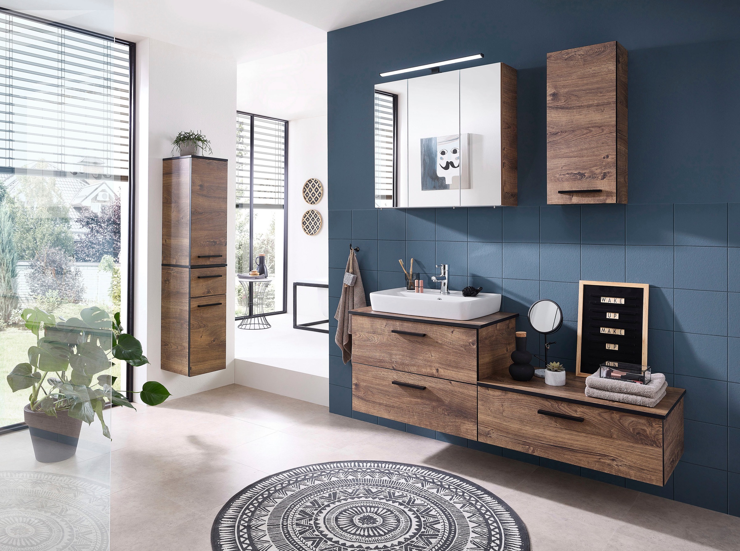Saphir Badmöbel-Set »Quickset 374 Keramik-Aufsatzwaschtisch mit Unterschrank, 73 cm breit«, (3 St.), Waschplatz mit 2 Schubladen, Eiche Ribbeck quer Nachbildung