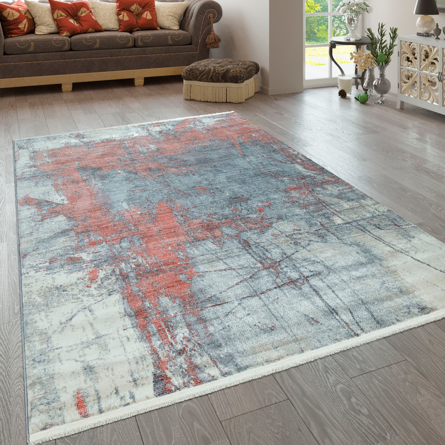 Paco Home Teppich »Pandora 328«, rechteckig, 5 mm Höhe, Kurzflor, Handweb-Optik, modernes Design, mit Fransen