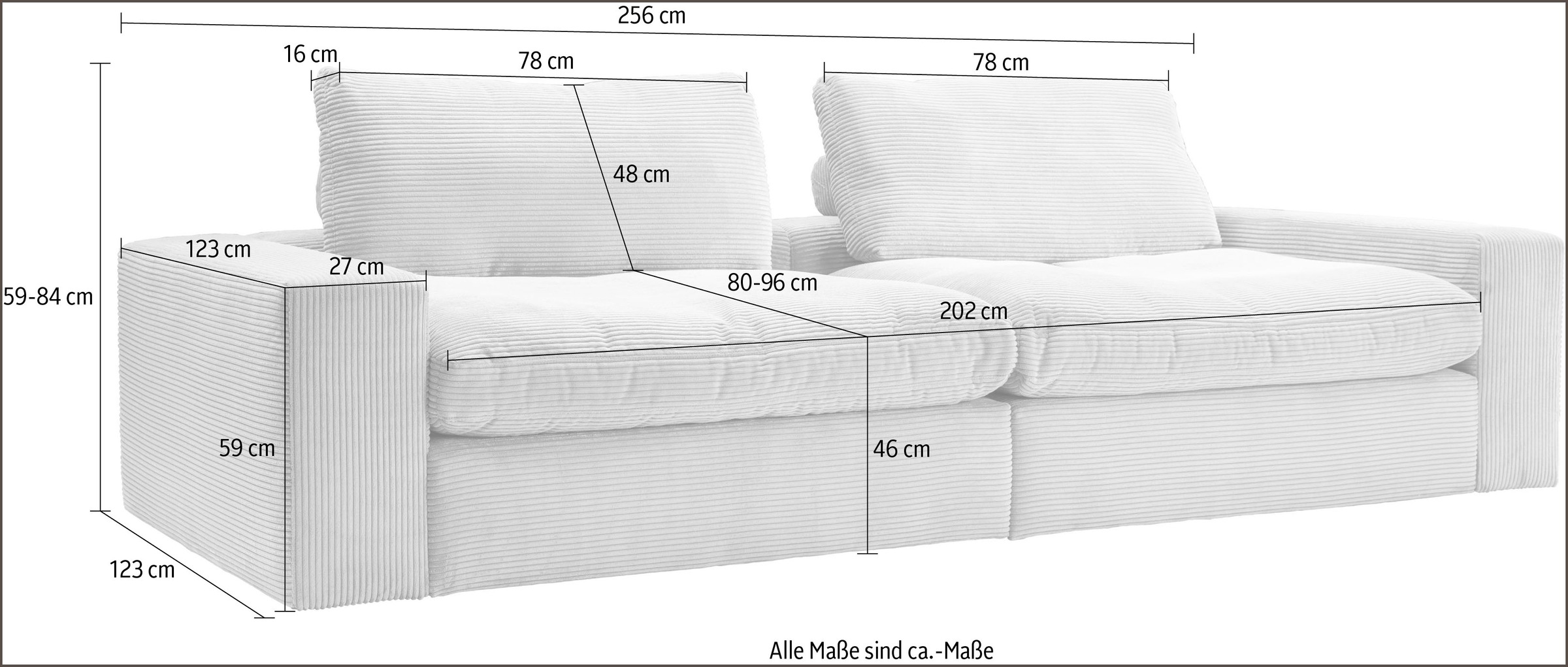 alina Big-Sofa »Sandy«, 256 cm breit und 123 cm tief, in modernem Cordstoff