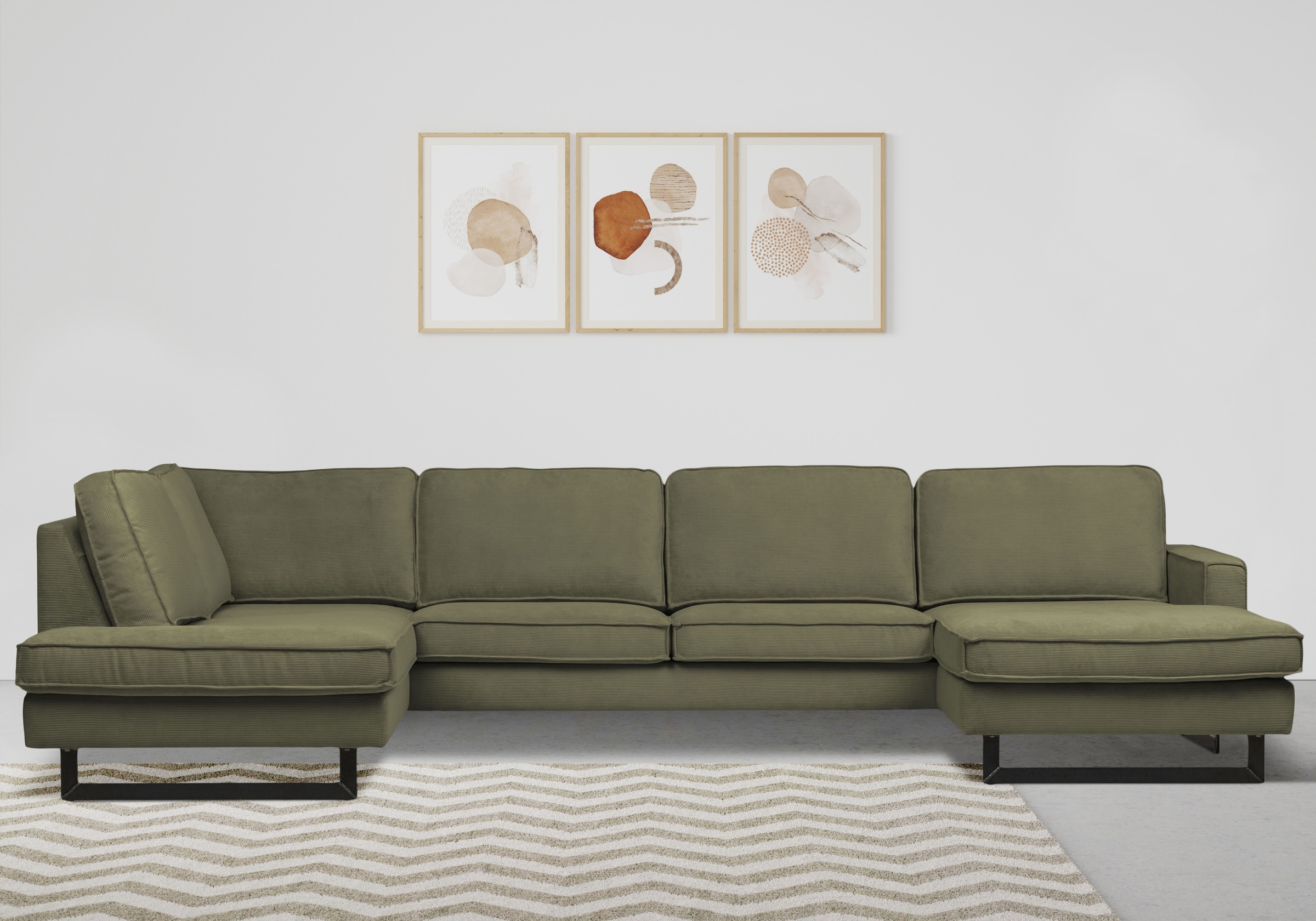 Places of Style Wohnlandschaft »Pinto, 350 cm, U-Form, XXL, mit Ottomanen«, Cord, Chenille, Lederoptik, mit Keder, Metallfüße, Wellenunterfederung