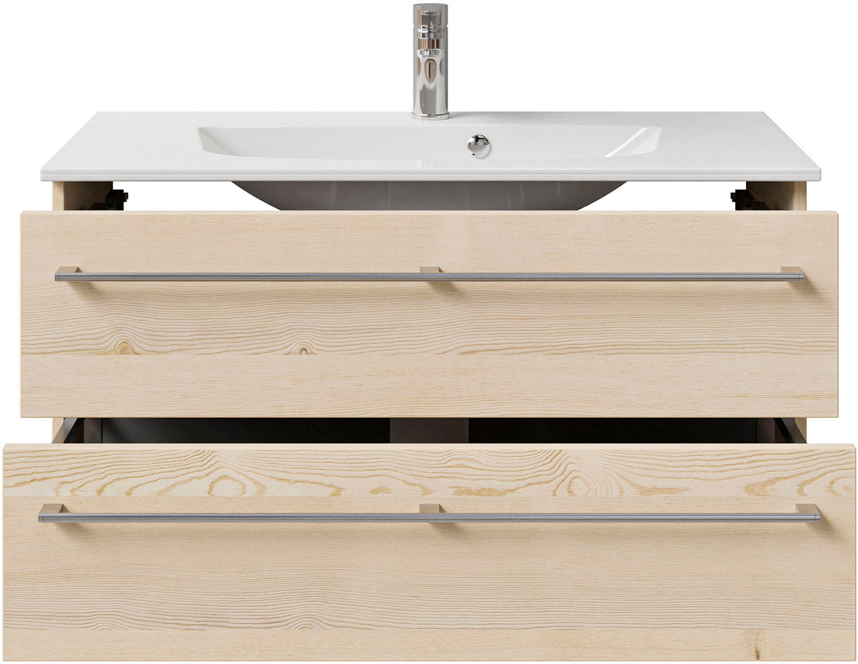 Saphir Badmöbel-Set »Serie 6025 2-teilig Mineralmarmor-Waschtisch mit LED-Spiegelschrank«, (2 St.), Waschplatz 97 cm breit, 2 Schubladen, 3 Spiegel-Türen, inkl Türdämpfer