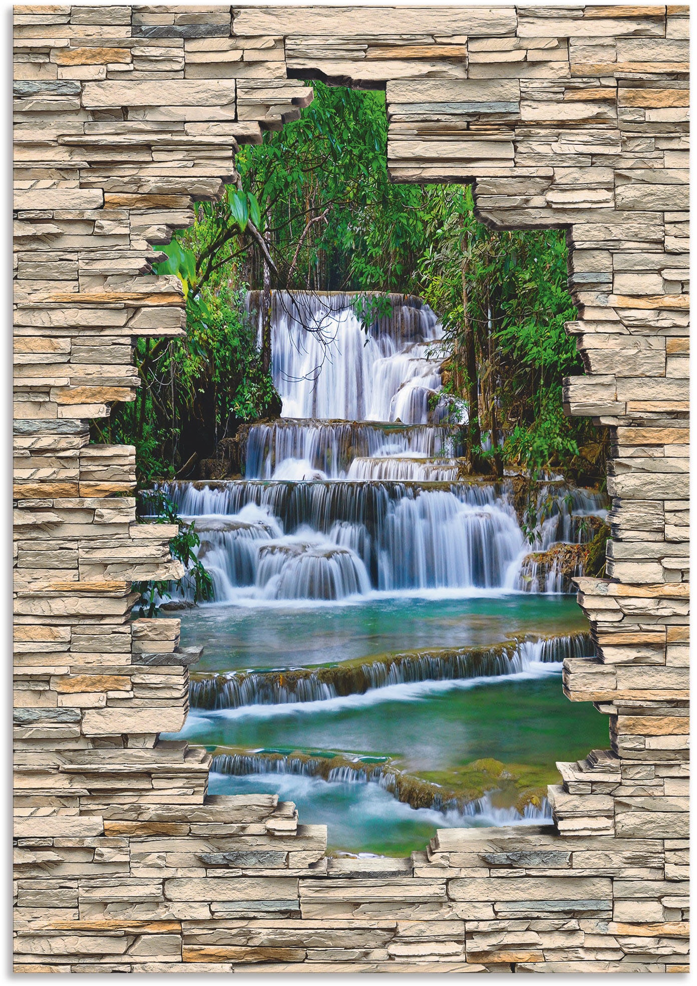 Wasserfallbilder, (1 Wandbild Mauer als verschied. online Wandaufkleber Wald Outdoorbild, St.), in Artland bestellen Alubild, Stein Blick«, Wasserfall »Tiefen Größen