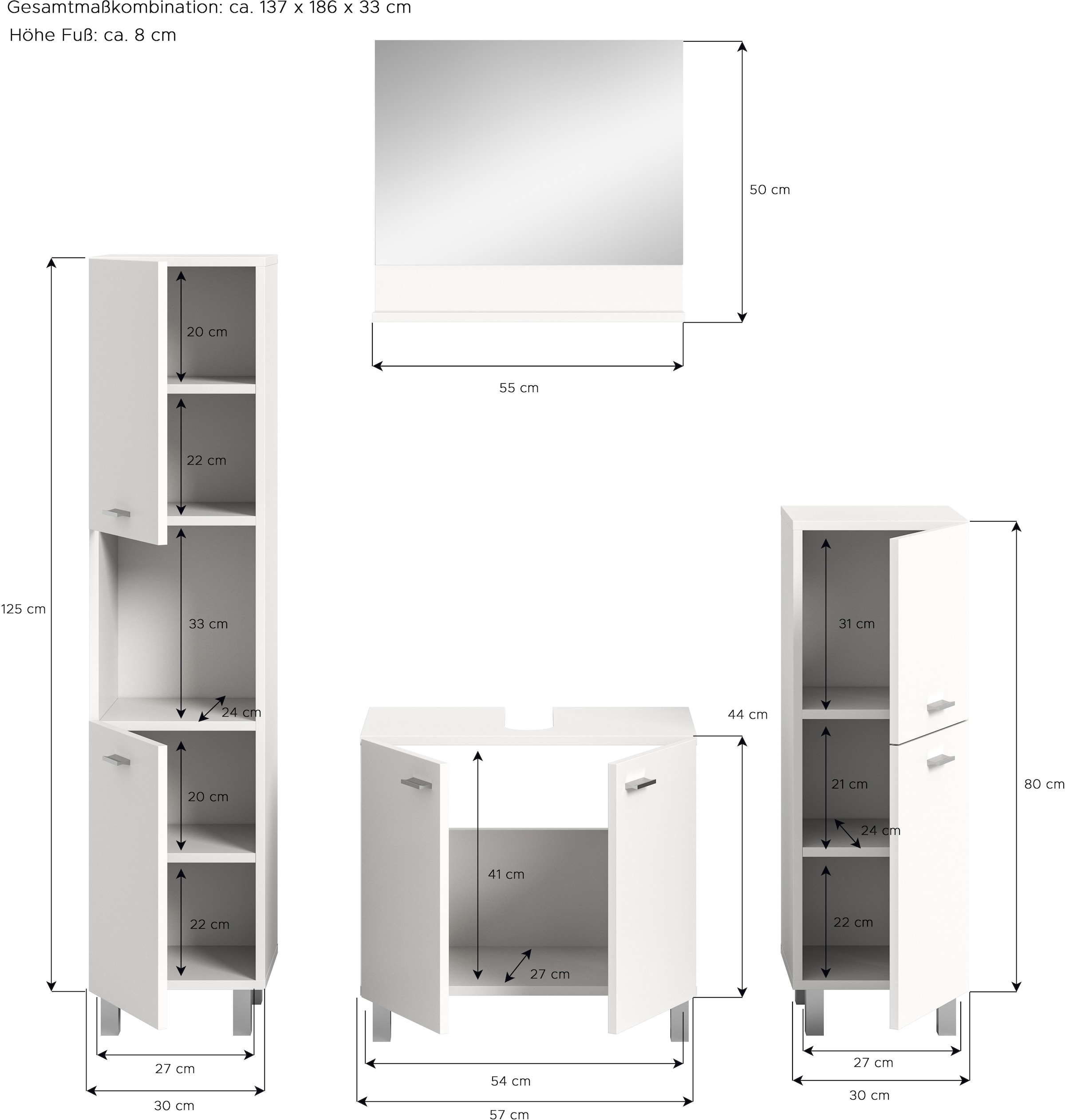 welltime Badmöbel-Set »Tampa, Breite 137cm, 4-teilig«, (4 St.), Waschbeckenunterschrank, Spiegel, Hochschrank, Midischrank