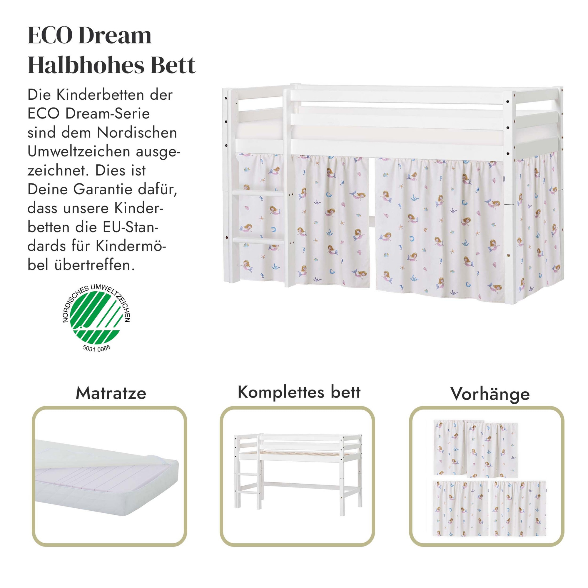 Hoppekids Spielbett »ECO Dream, Hochbett, in 2 Einzelbetten teilbar«, Massivholzbett mit Meerjungfrau-Vorhang, Matratze & 2 Größen wählbar