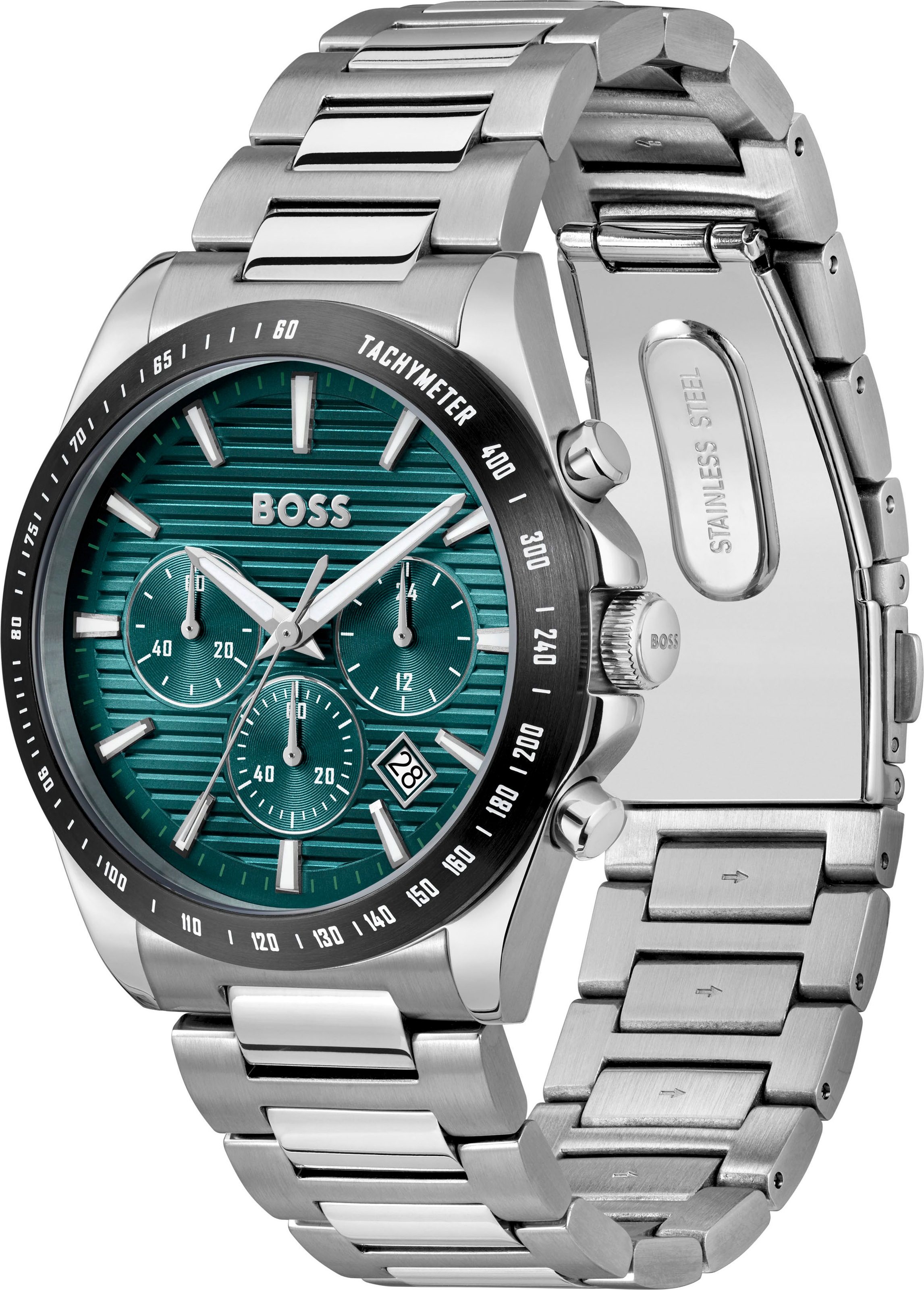 BOSS Chronograph »STRIKE CHRONO«, Quarzuhr, Armbanduhr, Herrenuhr, Edelstahlarmband, analog, Tag