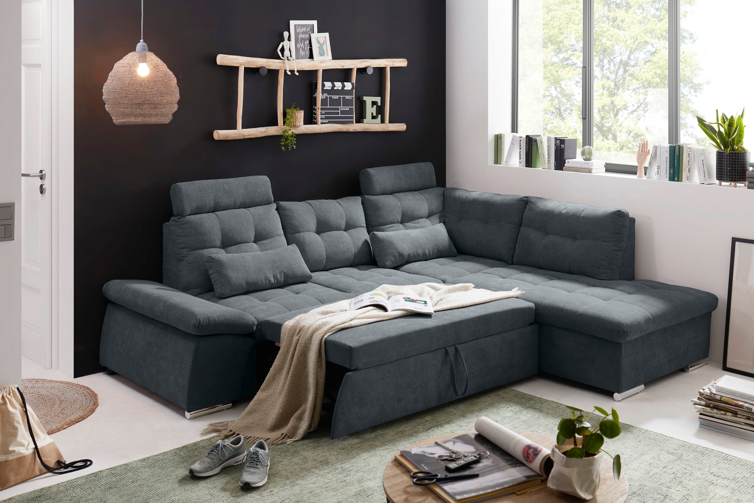 ED EXCITING DESIGN Ecksofa »Nalo L-Form«, mit Bettfunktion, Armteilverstellung, Kopfstützen & 2 Nierenkissen