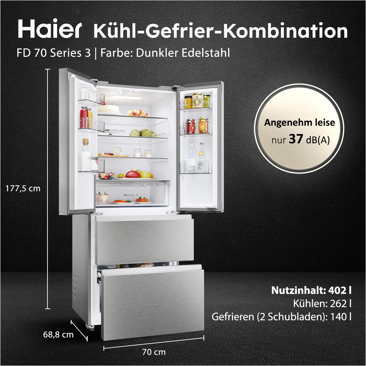 Haier Kühl-/Gefrierkombination »HFR3718DNMM« 177,5 cm hoch 70 cm breit French Door-Türen & Easy Access-Gefrierschubladen