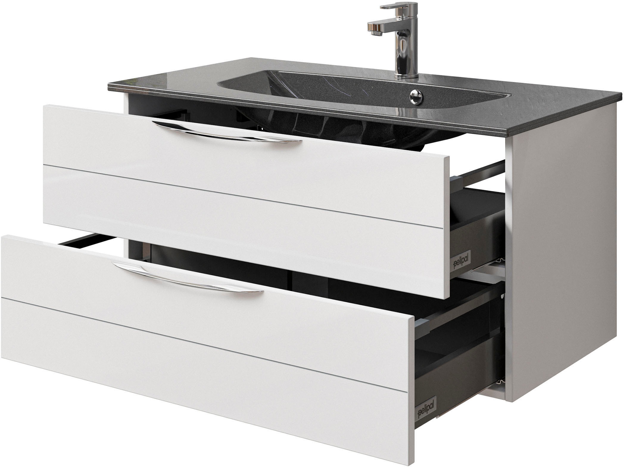 Saphir Waschtisch »Serie 6025 Mineralmarmor-Waschtisch mit Unterschrank, 97 cm breit«, Waschplatz mit 2 Schubladen, hängend, verschiedene Ausführungen