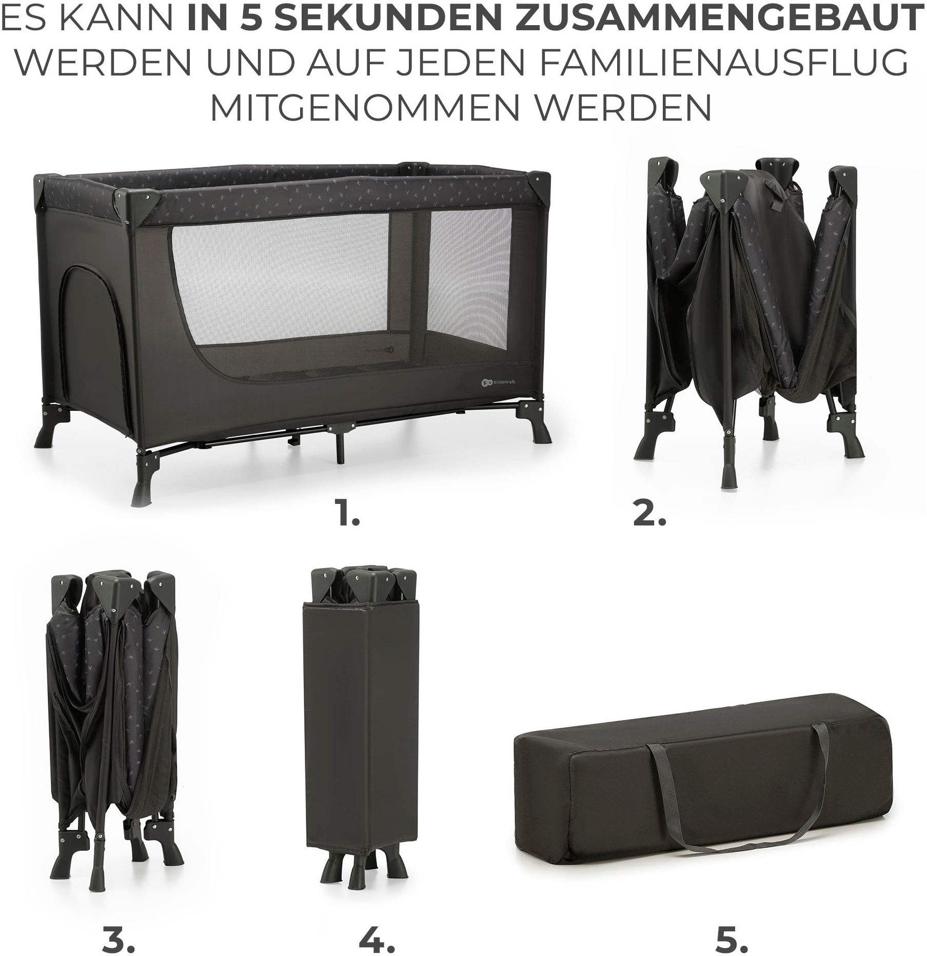 Kinderkraft Baby-Reisebett »2in1 JOY LIGHT, grau« mit Tragetasche