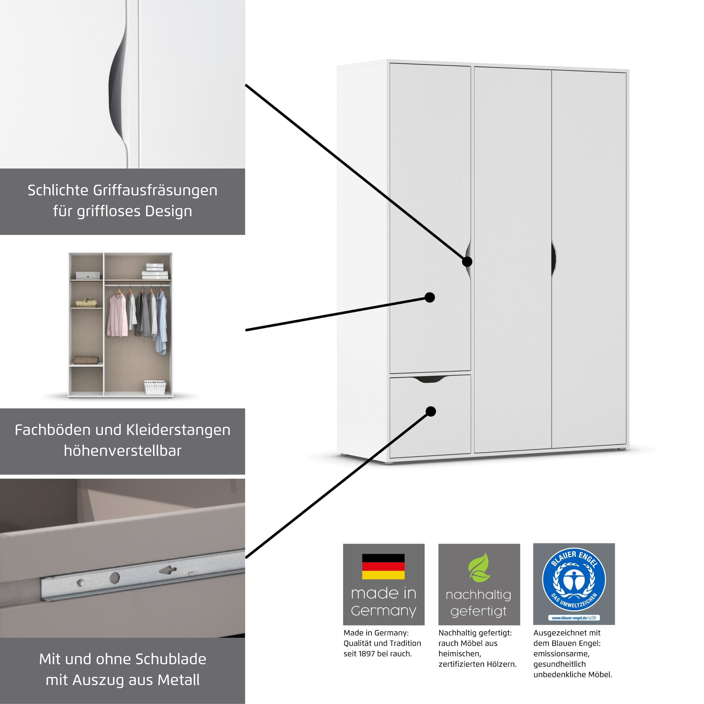 rauch Drehtürenschrank »Kleiderschrank Schrank Garderobe Wäscheschrank NARAI mit Schubladen«, (in 3 verschiedenen Ausstattungen BASIC/CLASSIC/PREMIUM), Griffausfräsungen für eine grifflose Optik TOPSELLER MADE IN GERMANY