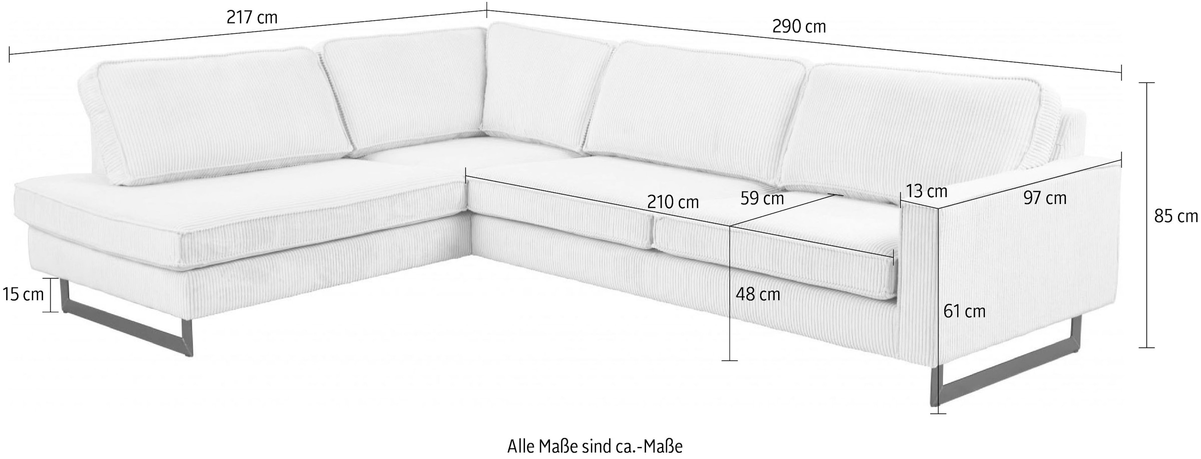 Places of Style Ecksofa »Pinto, 290 cm, Cord, Chenille, Lederoptik, Ottomane links / rechts«, mit Keder, schwarze Metallfüße, Wellenunterfederung