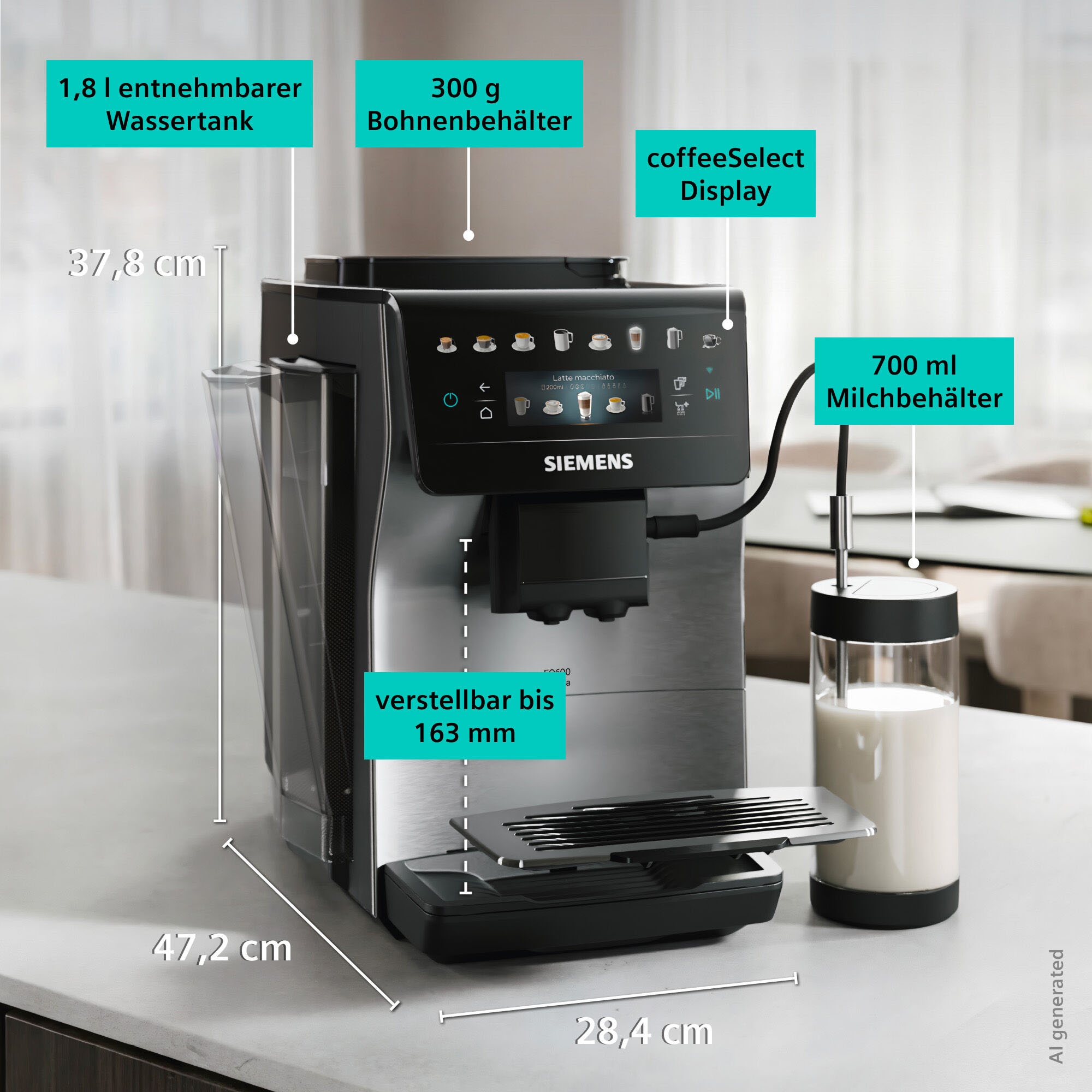 SIEMENS Kaffeevollautomat »EQ600 TP605EM3, 8 Getränke, XL-Getränke, bis zu 480ml, Kannenfunktion« bis zu 10 Favoriten, Doppeltassenfunktion, Keramikmahlwerk, Edelstahl