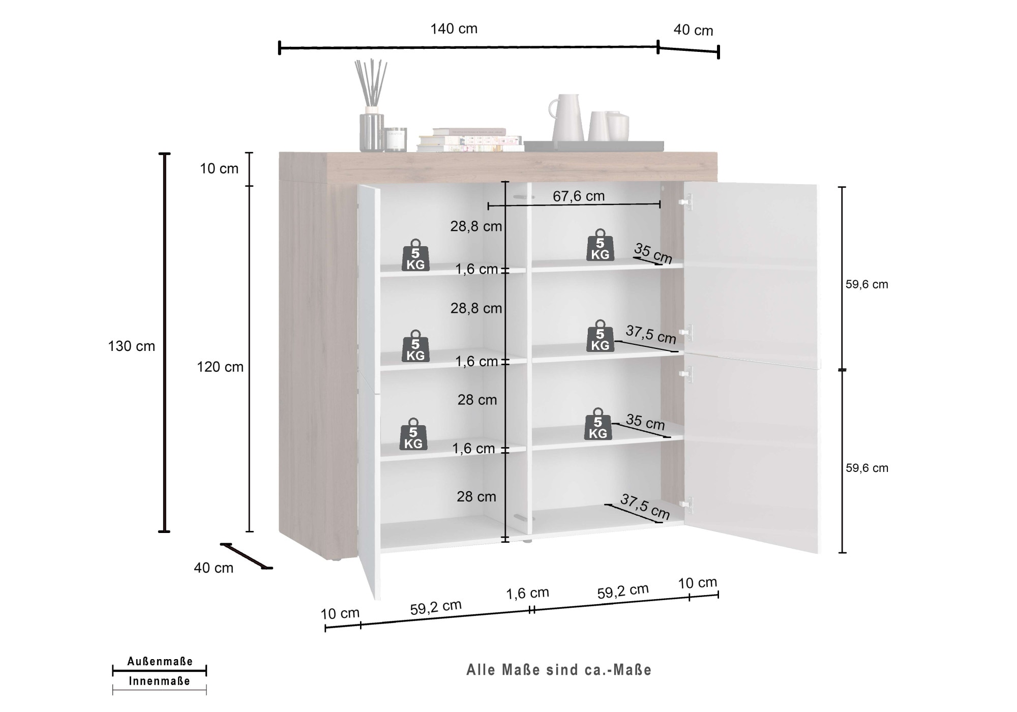 INOSIGN Highboard »CHRONOS Breite 140 cm mit 4 Türen und 8 Fächer 'Made in Italy'«, (1 St.), Hohes Sideboard, Kommode, Schrank, Grifflos mit Push to Open