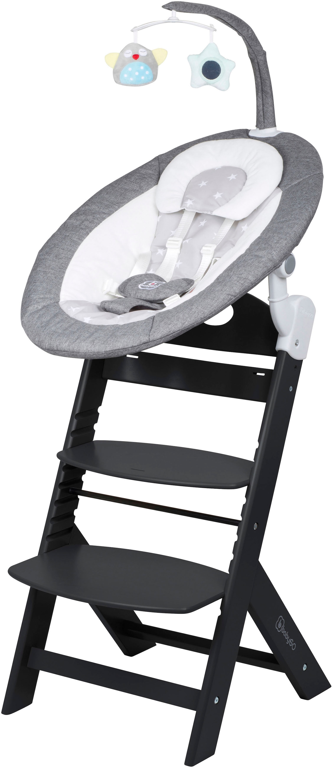 BabyGo Hochstuhl »Family Homey Set, schwarz/hellgrau«, mit elektrischer Babywippe inkl. Spielbogen