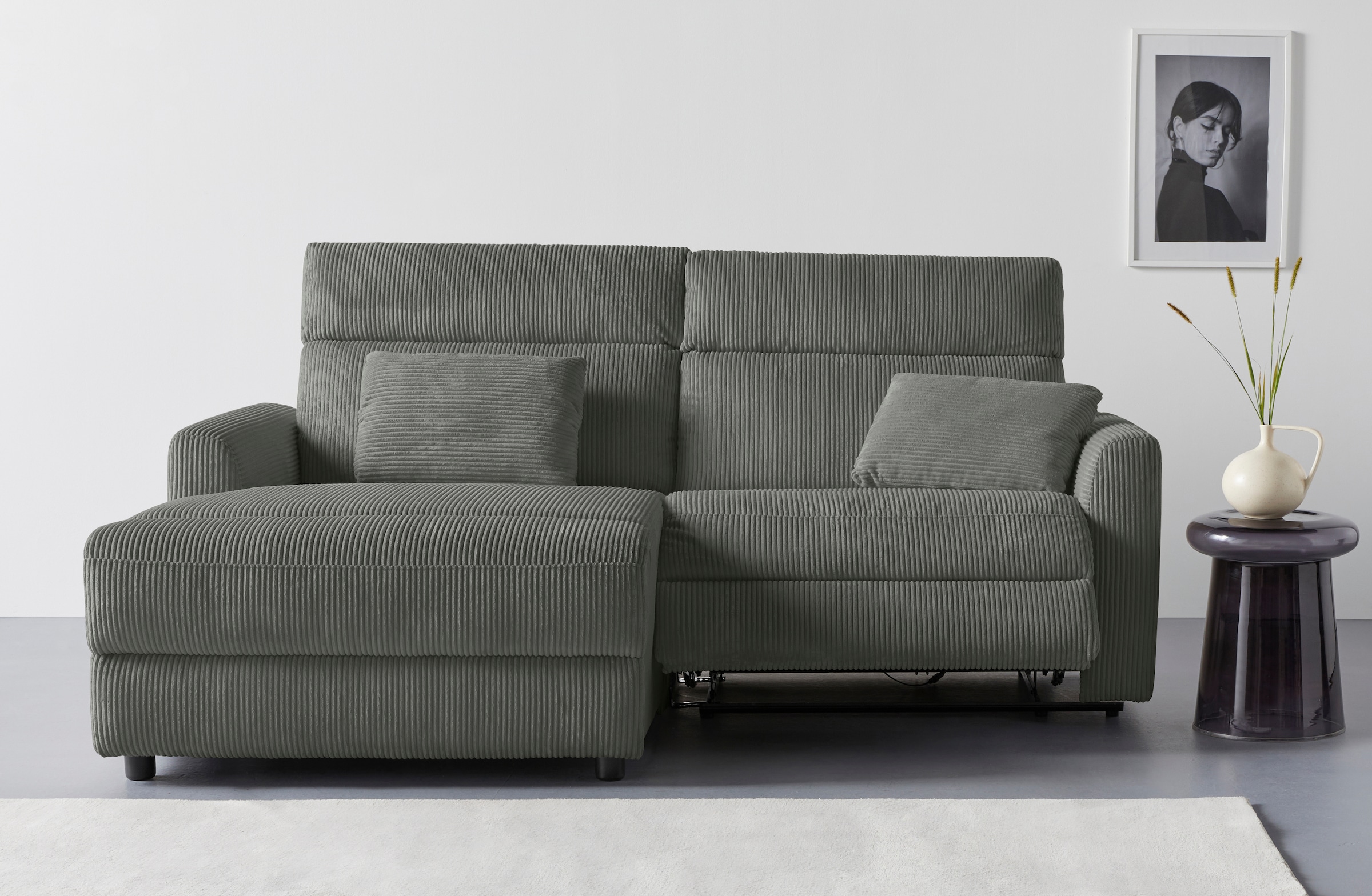 INOSIGN Ecksofa »JENNA, L-Form, 209cm, manuelle u. elektrische Funktion, mit USB A/C,«, Liegefunktion 105°-150°, Federkern, Cord
