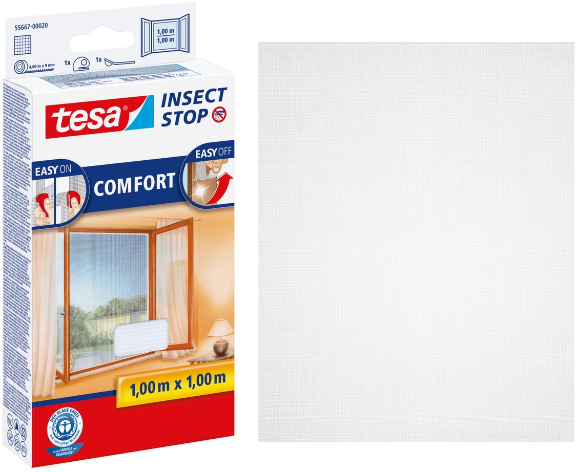 tesa Insektenschutz-Fensterrahmen »Insect Stop Comfort Fliegengitter für Fenster - 1.0 m : 1.0 m« Packung, Fliegennetz, Klettband, Andrück und Schneidehilfe, 1 Stk. tlg. Insektenschutzgitter - Fliegenetz ohne Bohren -zuschneidbar