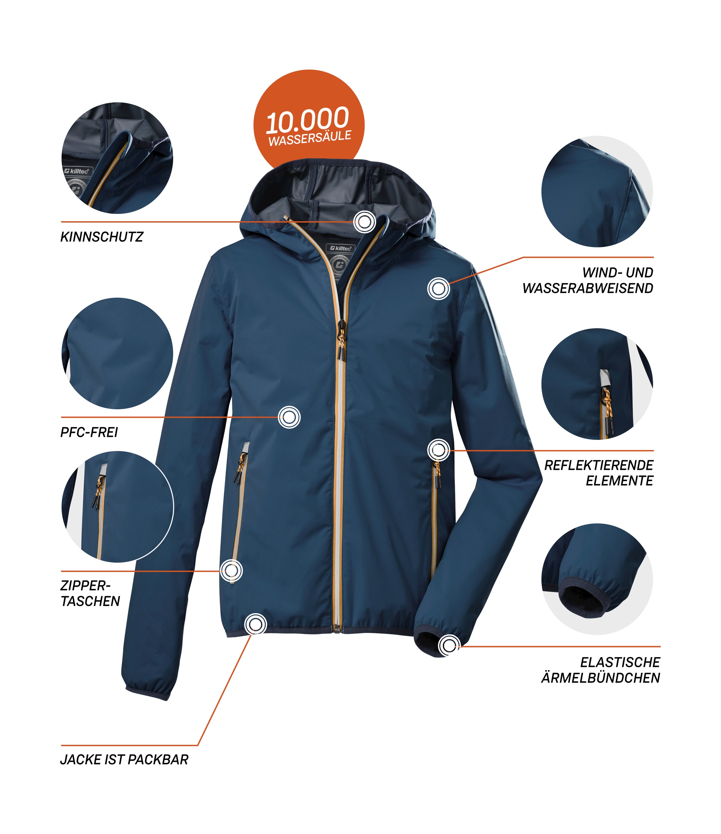 Killtec Outdoorjacke »KOS 230 BYS JCKT«, Packbare, 100% wasserdichte Jacke mit Kapuze und reflektierenden Elementen