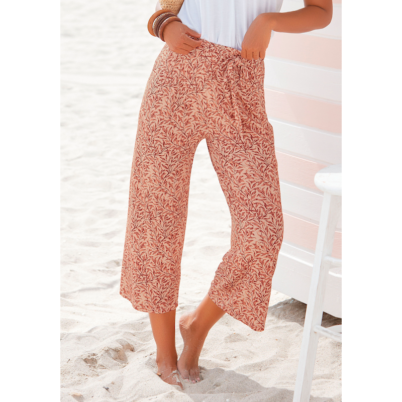 BEACHTIME Culotte mit Blätterdruck und Bindeband, luftig-leichte Sommerhose rot bedruckt 42 - N-Gr N-Gr 42 Bedruckte Culotte aus Jersey