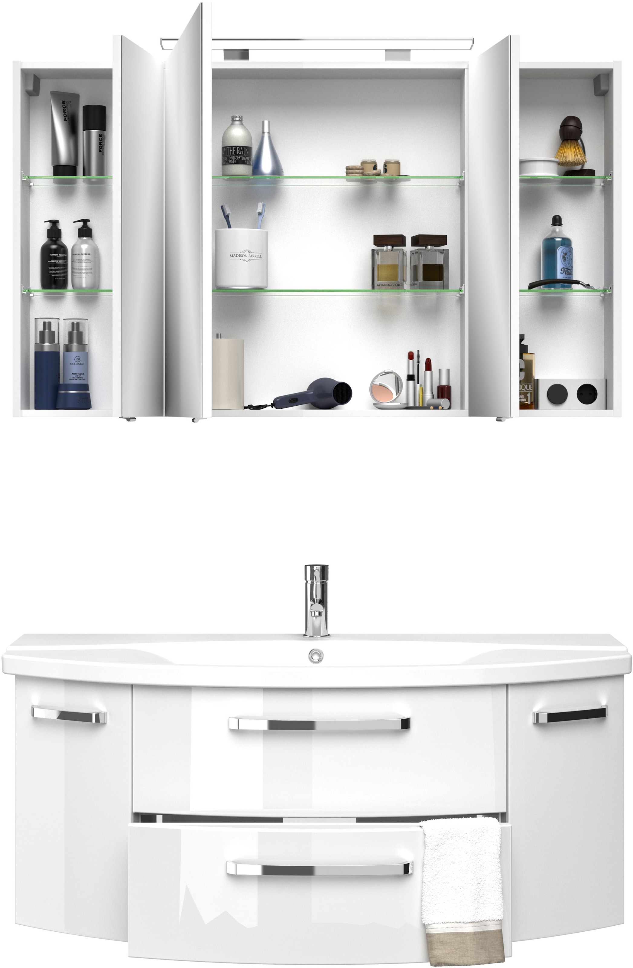 Saphir Badmöbel-Set »Serie 4010 2-teilig Keramik-Waschtisch mit LED-Spiegelschrank«, (Set), Badezimmer Set 120,5 cm breit, inkl. Türdämpfer, 5 Türen, 2 Schubladen