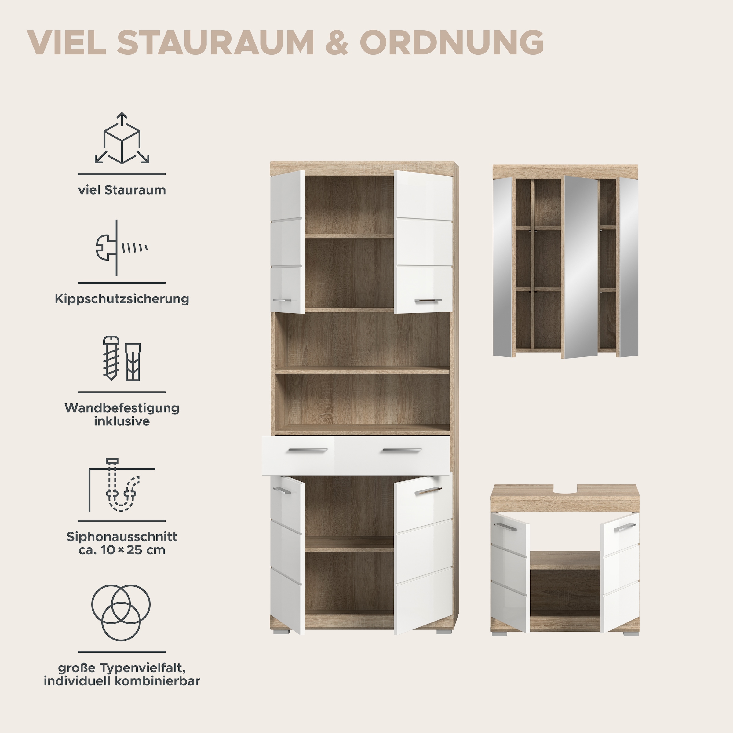 INOSIGN Badmöbel-Set »SIENA, TOPSELLER!, Breite 149cm, 3-teiliges Set« Set, bestehend aus: Hochschrank, Waschbeckenunterschrank & Spiegelschrank, 3 Stk. tlg.