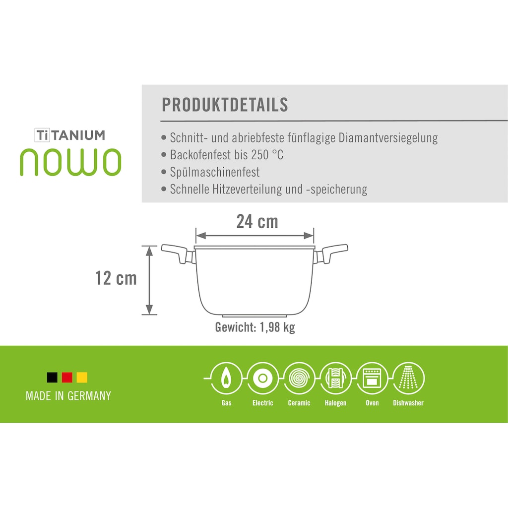 WOLL Topf-Set »Nowo Titanium«, Aluminiumguss, (Set, 8 tlg., je 1 Kochtopf 20/24/28 cm, 1 Stielkasserolle 18 cm)